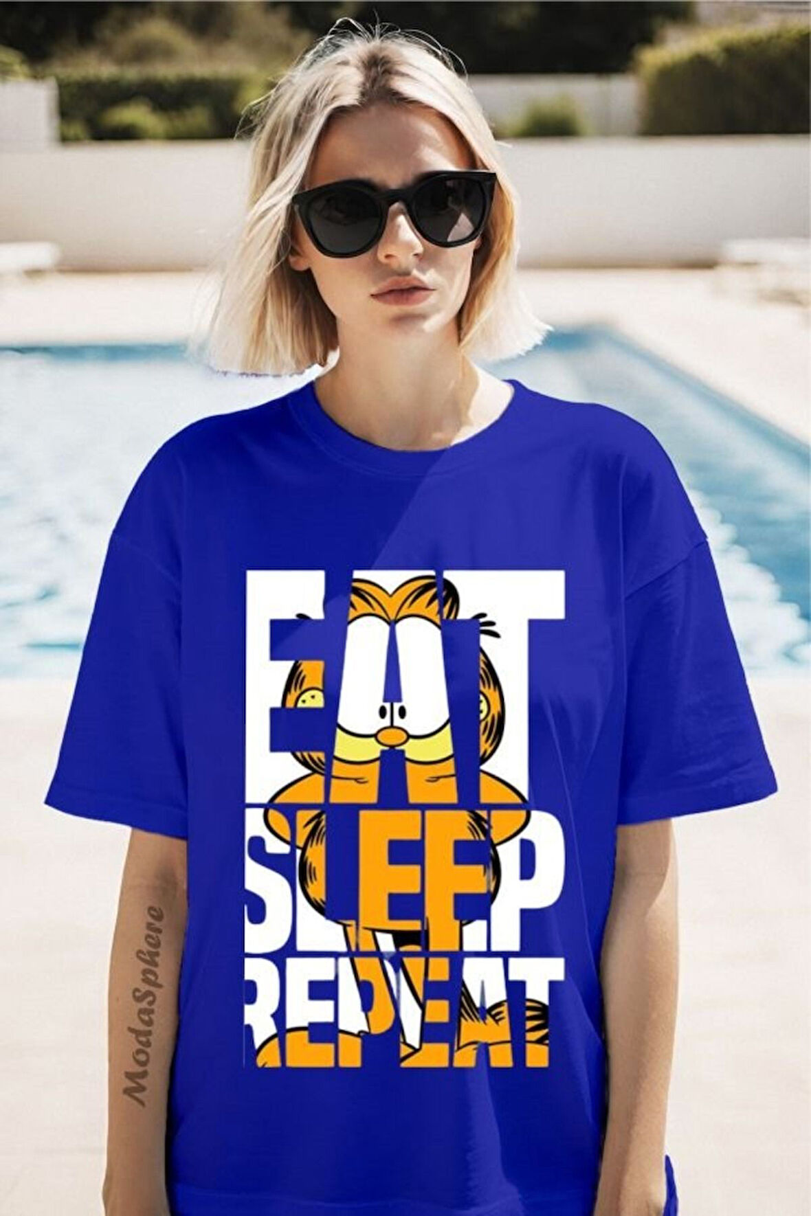 GARFIELD EAT Baskılı Bisiklet Yaka Unisex Oversize Tişört