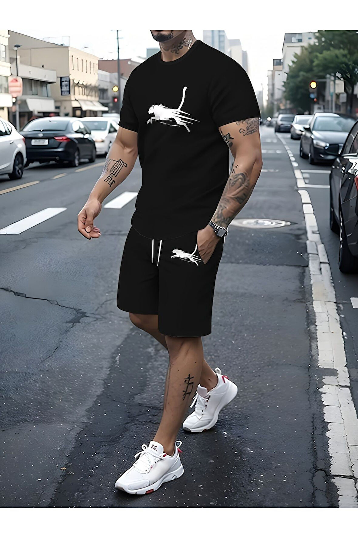 Erkek Oversize Leopar Baskılı Bisiklet Yaka Kısa Kollu T-shirt Şort Takımı