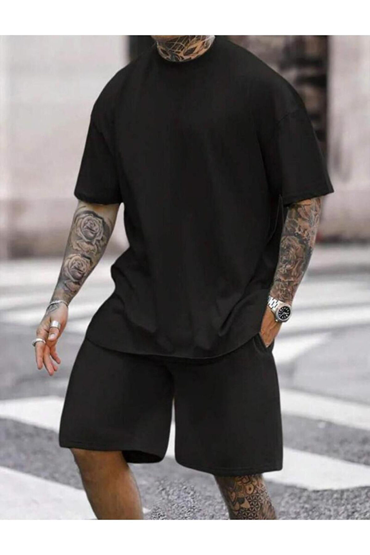 Unisex Siyah Oversize Bisiklet Yaka Alt Üst T-shirt Şortlu ikili Takım
