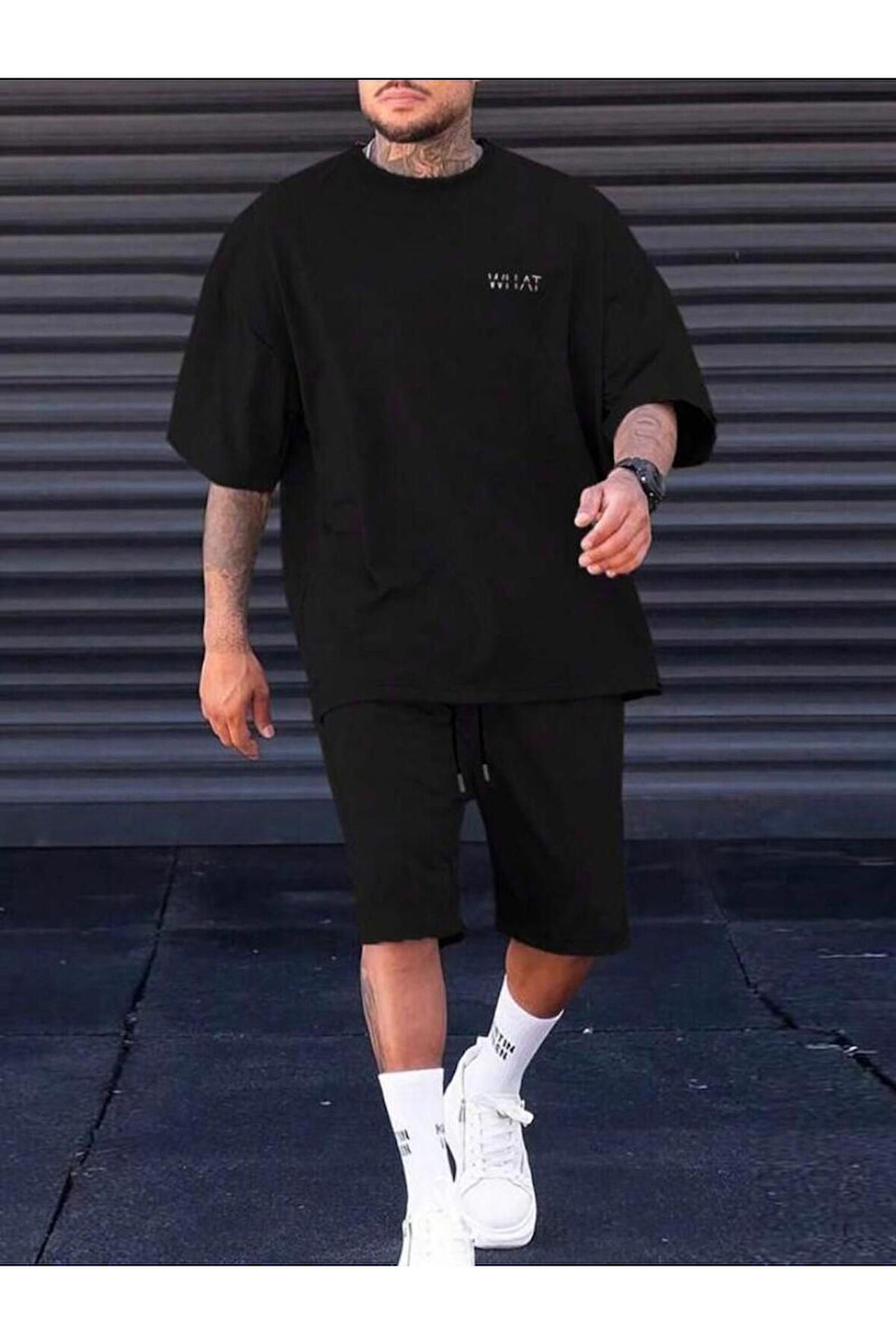 Oversize Bisiklet Yaka Alt Üst T-shirt Şortlu WHAT Baskılı İkili Takım