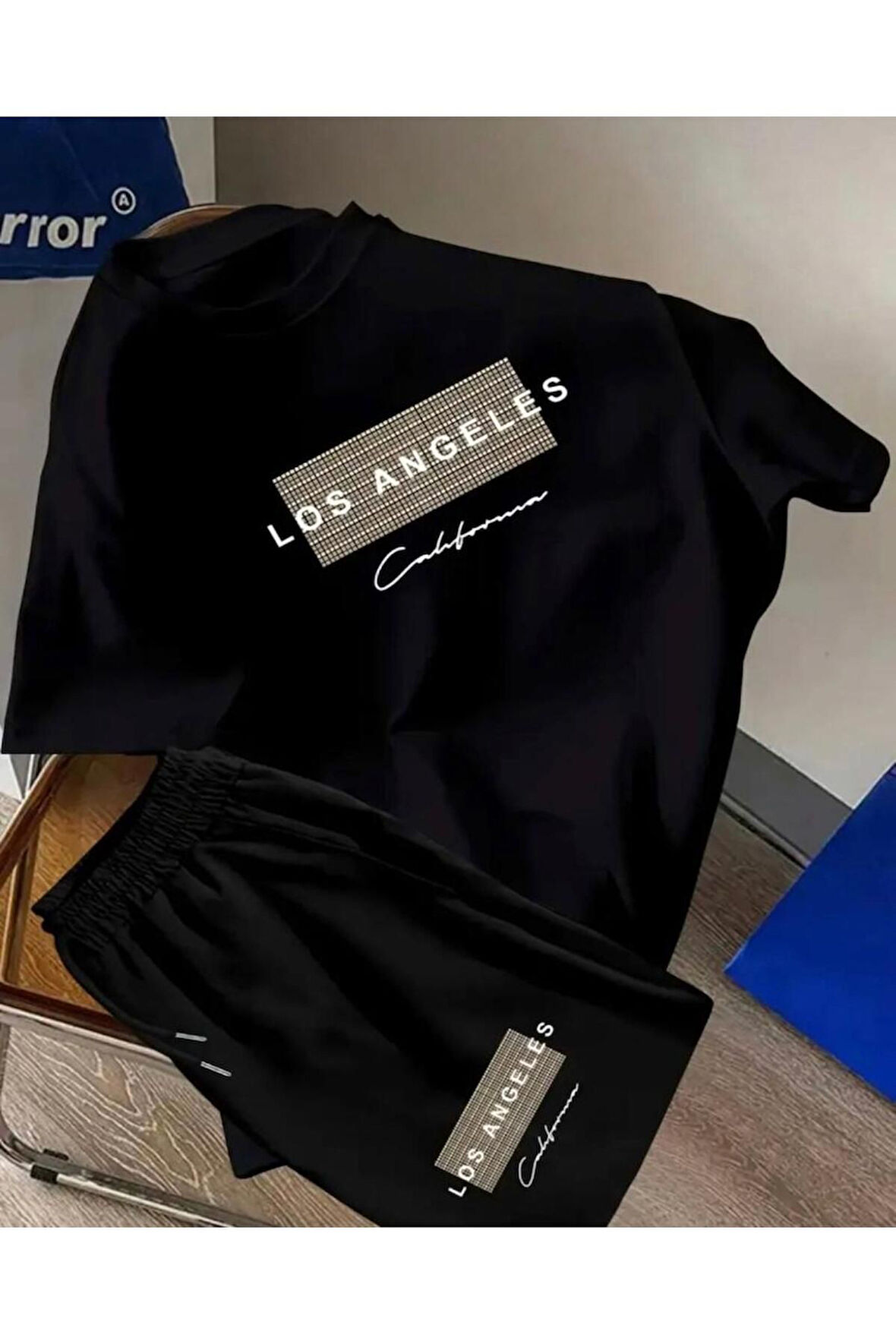 Oversize Bisiklet Yaka Alt Üst T-shirt Şortlu LOS ANGELES Baskılı ikili Takım