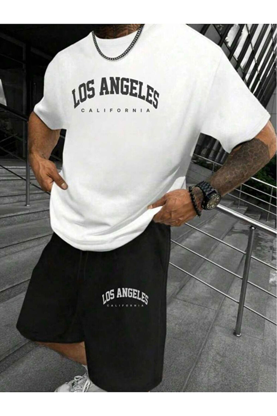 LOS ANGELES U.S.A. Baskılı Oversize Bisiklet Yaka Alt Üst T-shirt Şortlu ikili Takım