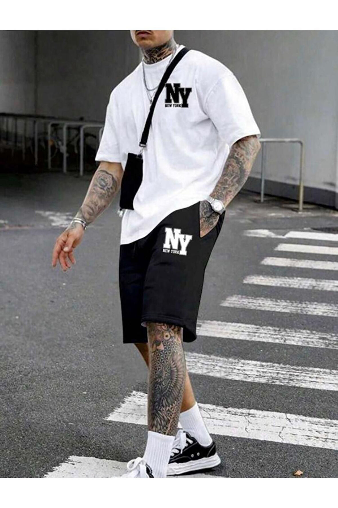 Oversize Bisiklet Yaka Alt Üst T-shirt Şortlu NY Newyork Baskılı ikili Takım