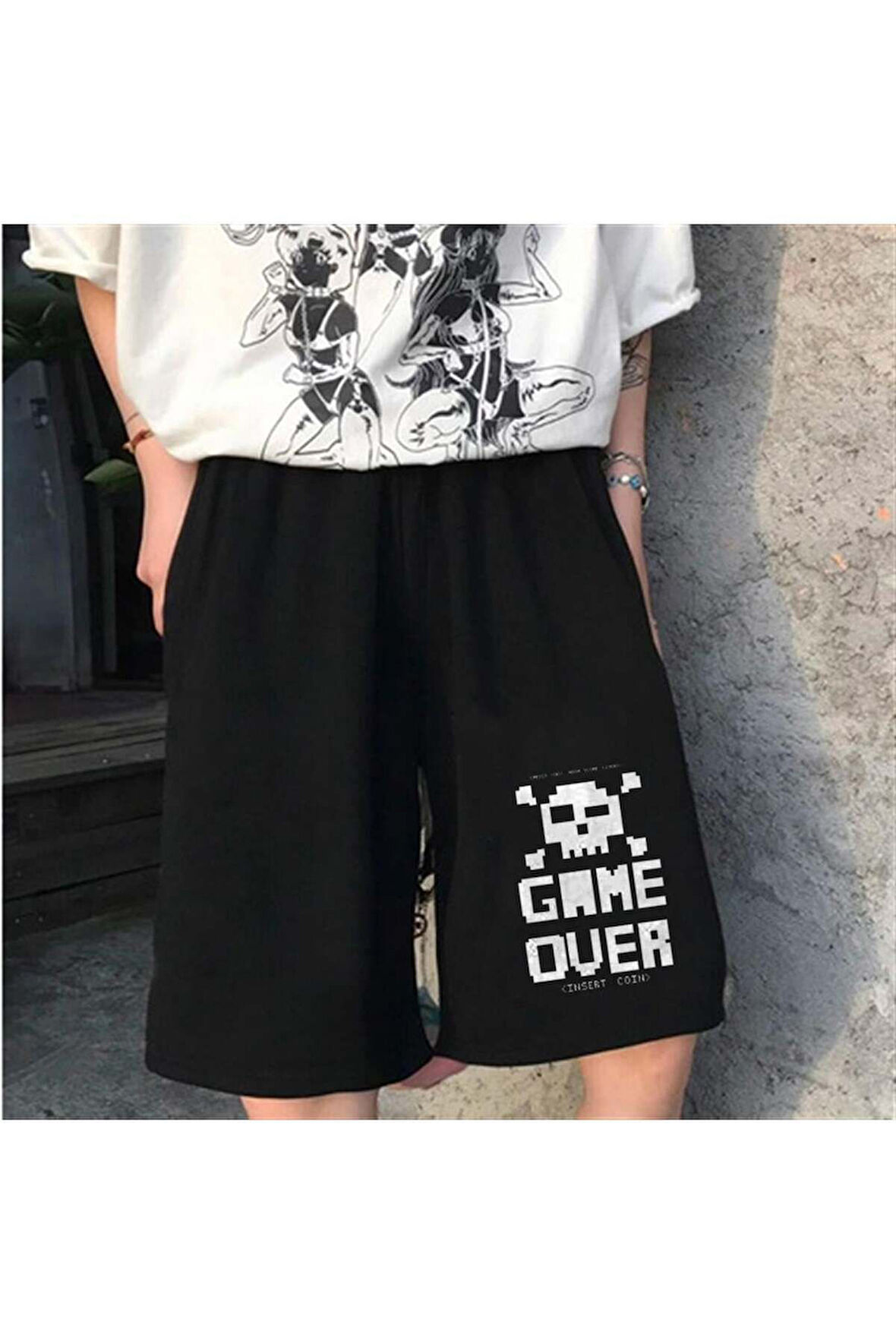 GAME OVER Baskılı Siyah Unisex Şort