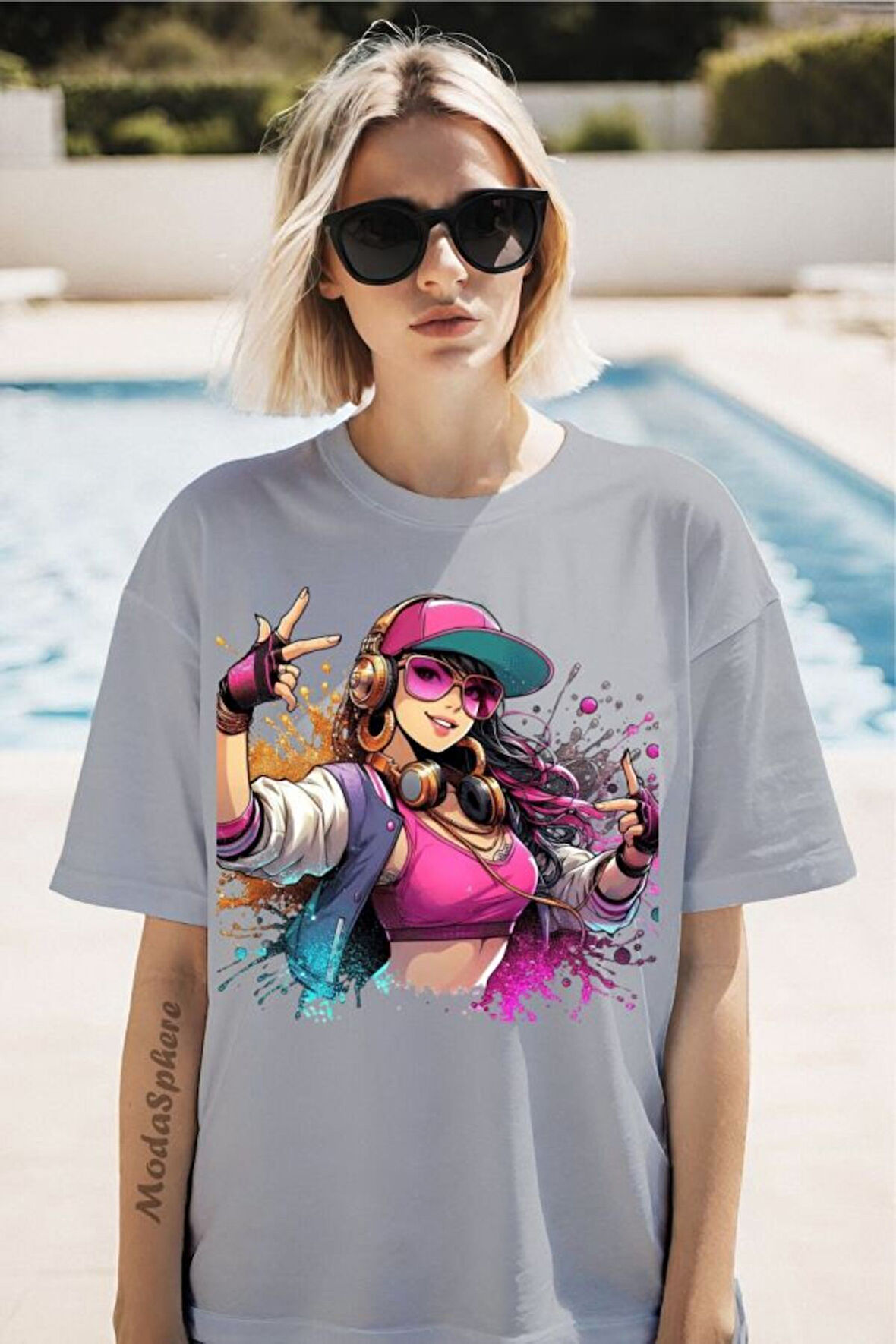 Şapkalı Kız Baskılı Unisex Oversize Tişört