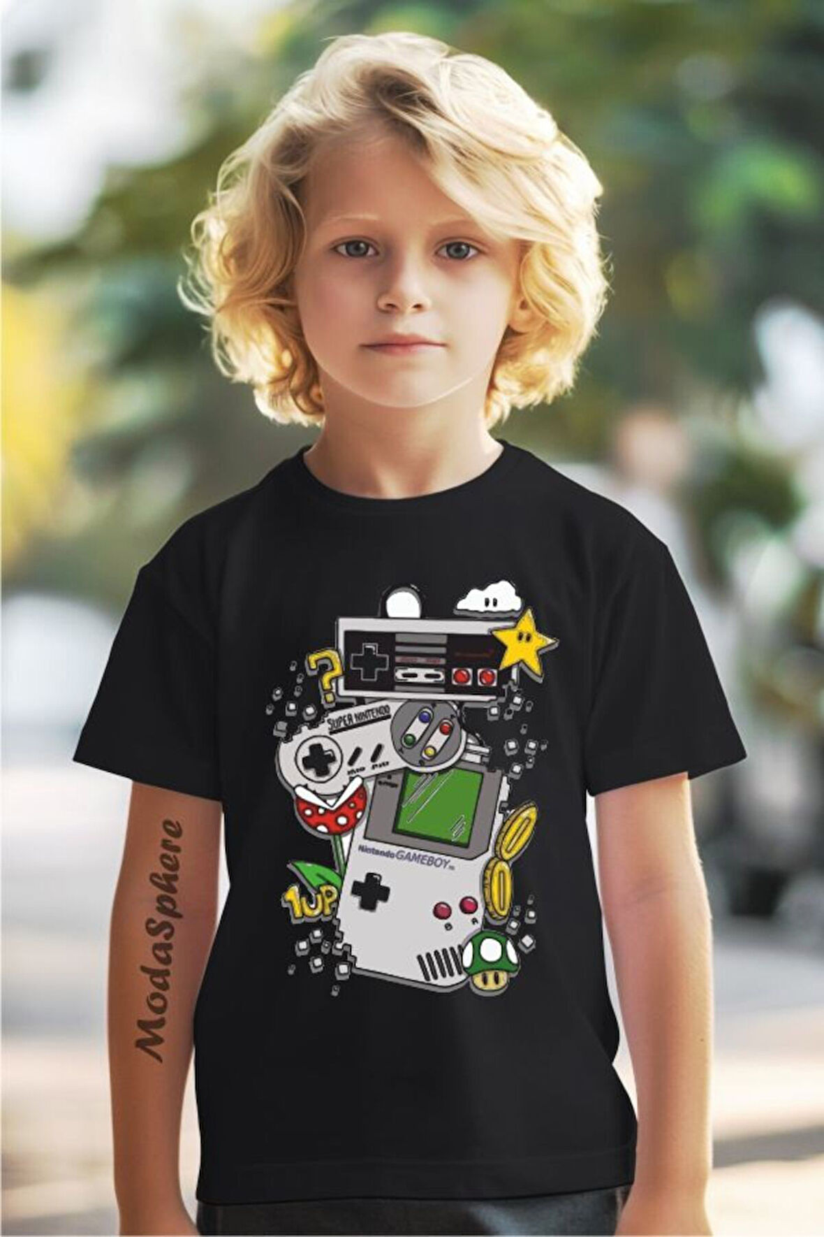 GAMEBOY BASKILI BİSİKLET YAKA KISA KOLLU ÇOCUK TİŞÖRT