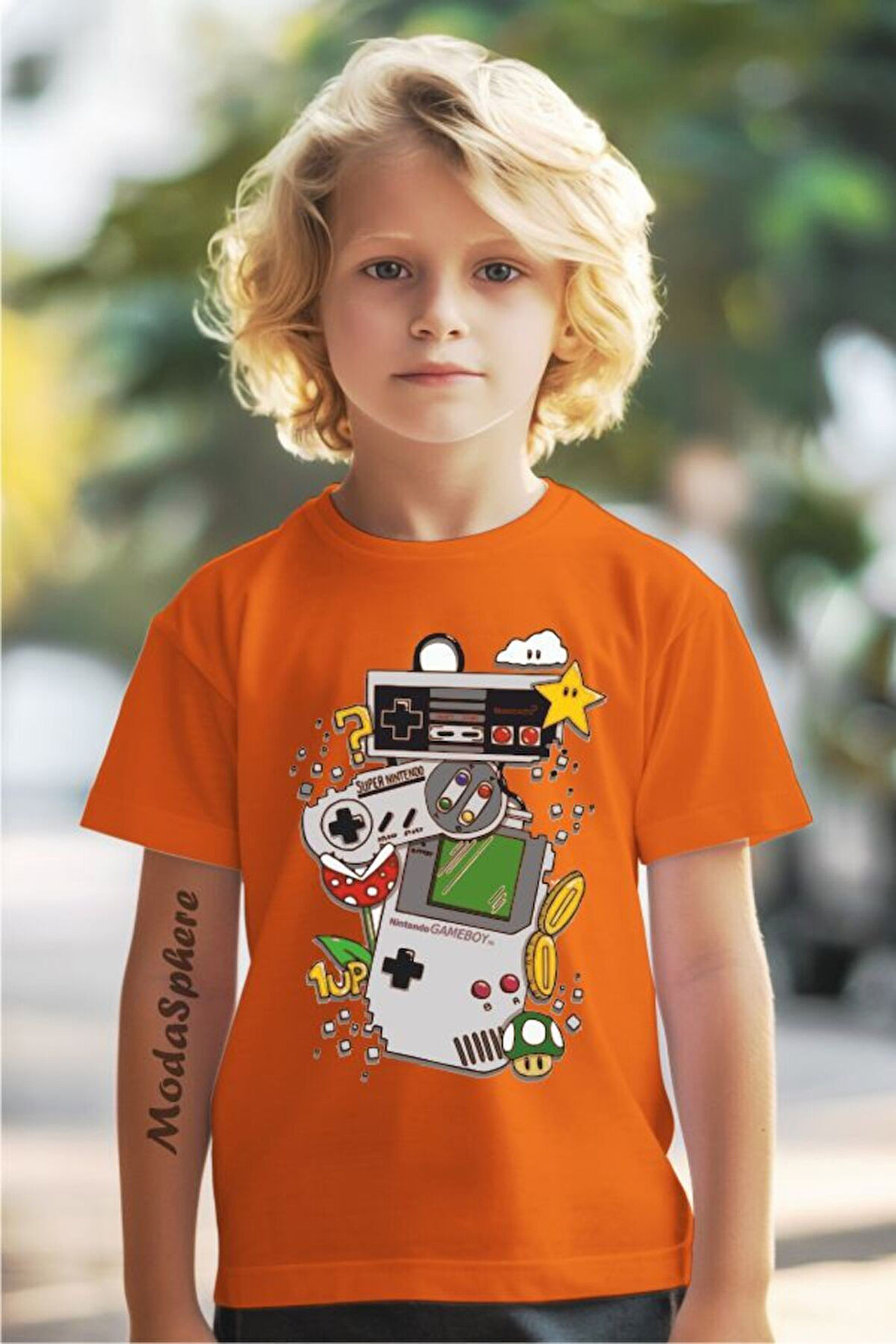 GAMEBOY BASKILI BİSİKLET YAKA KISA KOLLU ÇOCUK TİŞÖRT