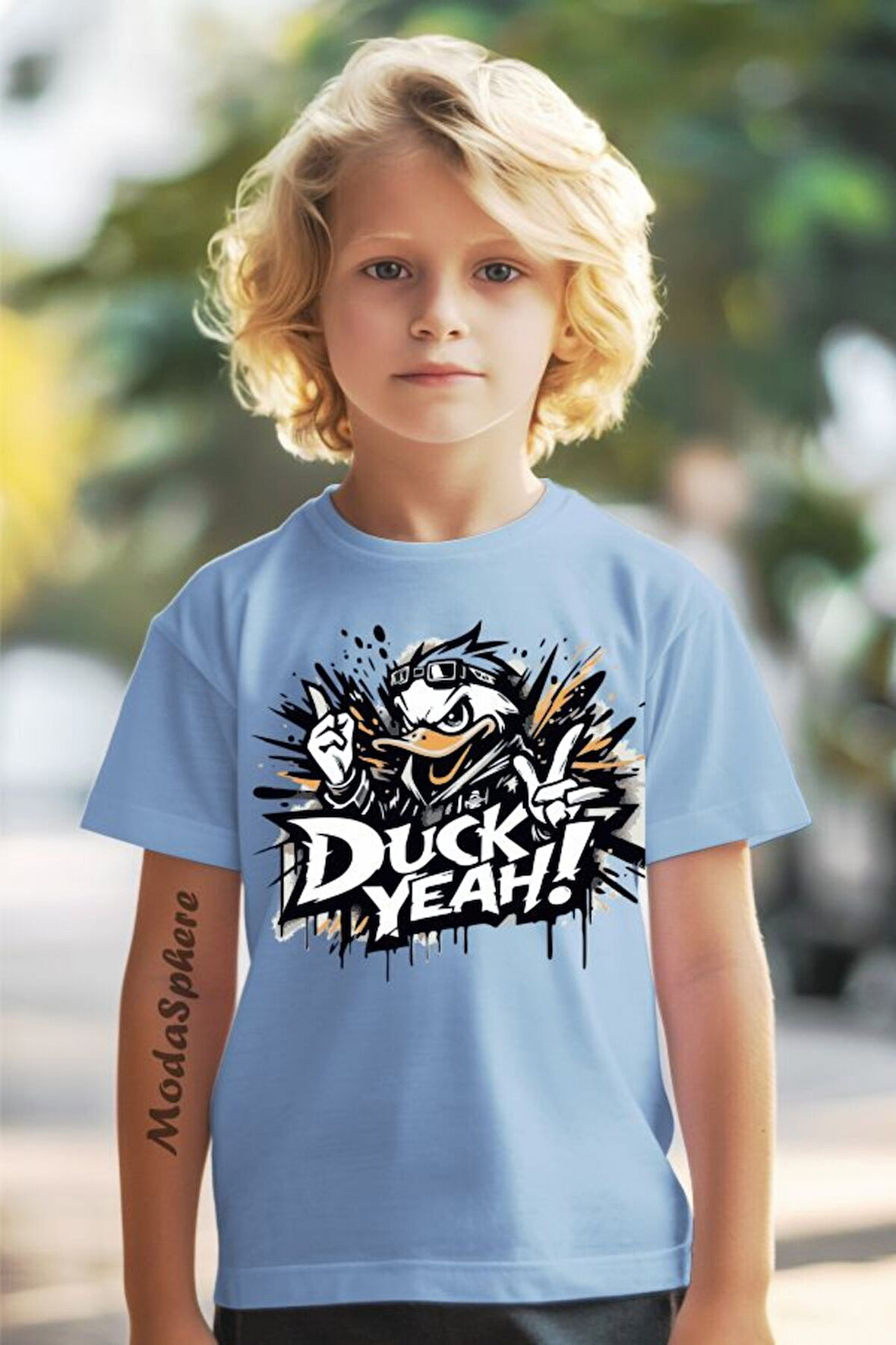 DUCK BASKILI BİSİKLET YAKA KISA KOLLU ÇOCUK TİŞÖRT