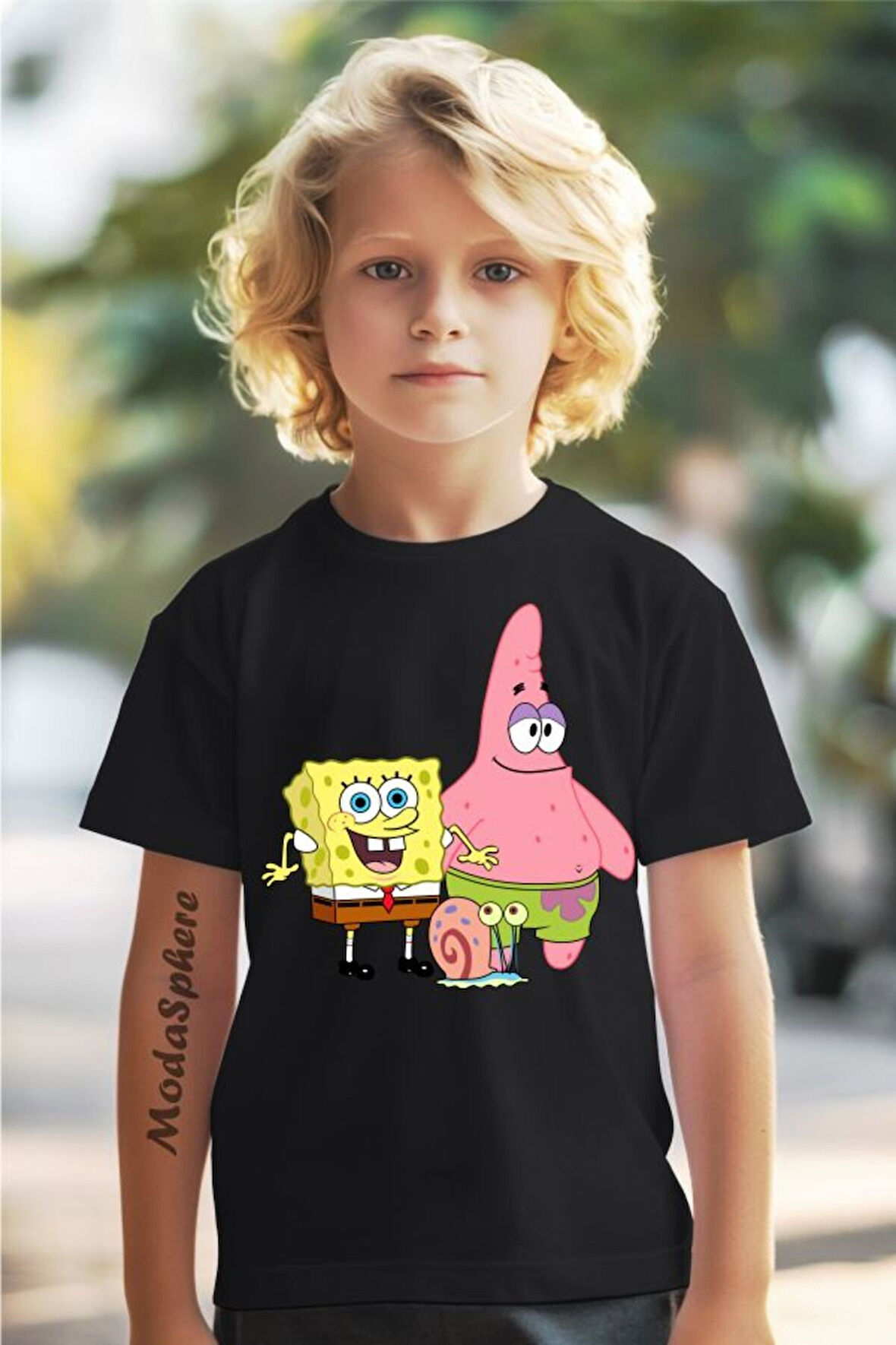 SÜNGER BOB BASKILI BİSİKLET YAKA KISA KOLLU ÇOCUK TİŞÖRT