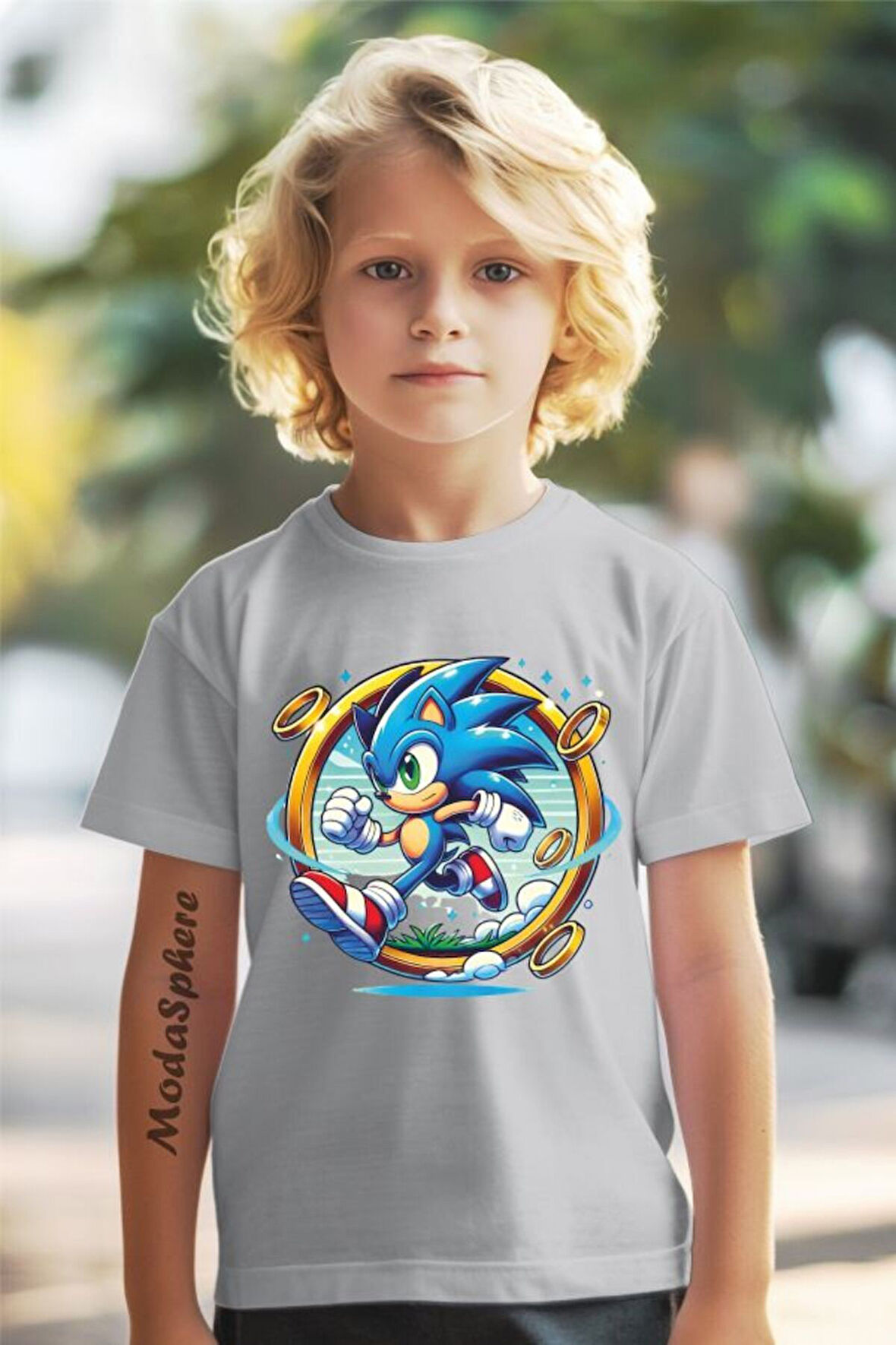SONIC BASKILI BİSİKLET YAKA KISA KOLLU ÇOCUK TİŞÖRT