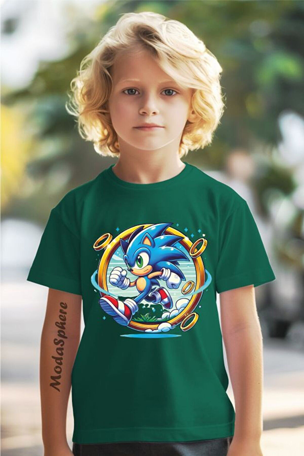 SONIC BASKILI BİSİKLET YAKA KISA KOLLU ÇOCUK TİŞÖRT