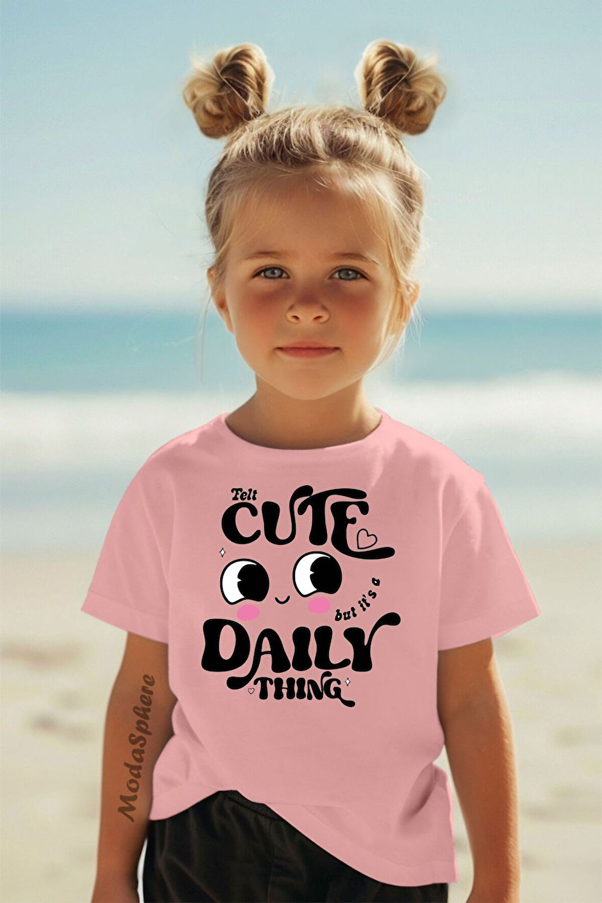 CUTE BASKILI BİSİKLET YAKA KISA KOLLU ÇOCUK TİŞÖRT
