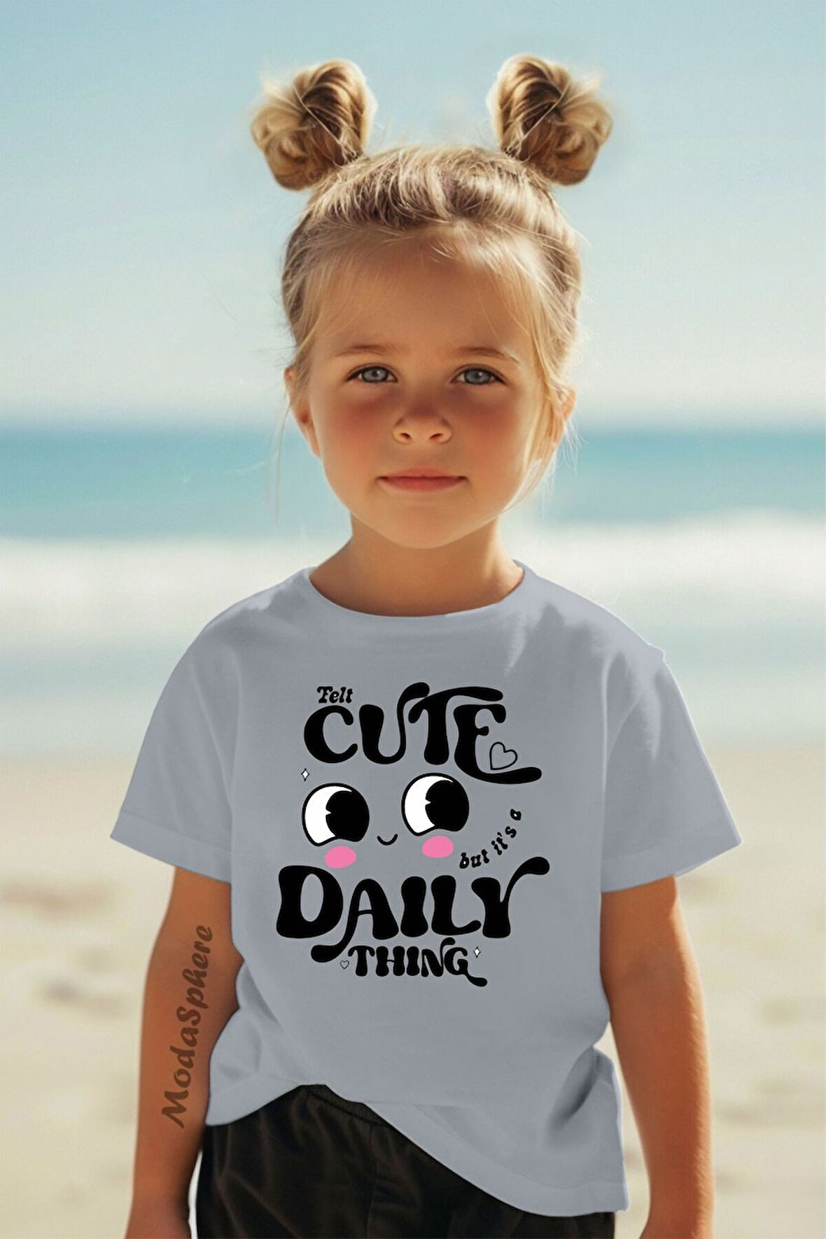 CUTE BASKILI BİSİKLET YAKA KISA KOLLU ÇOCUK TİŞÖRT