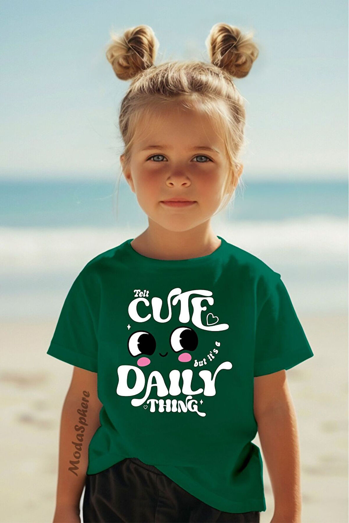 CUTE BASKILI BİSİKLET YAKA KISA KOLLU ÇOCUK TİŞÖRT