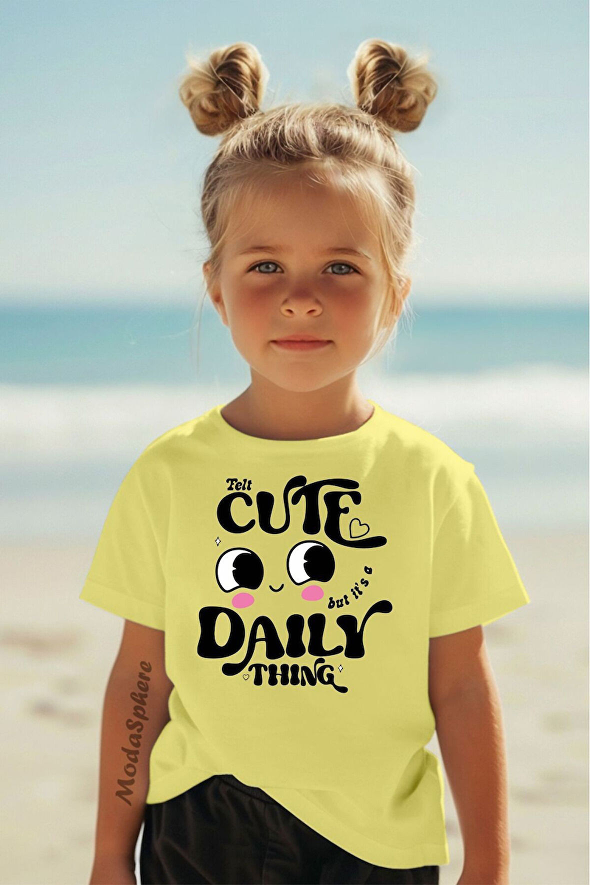 CUTE BASKILI BİSİKLET YAKA KISA KOLLU ÇOCUK TİŞÖRT