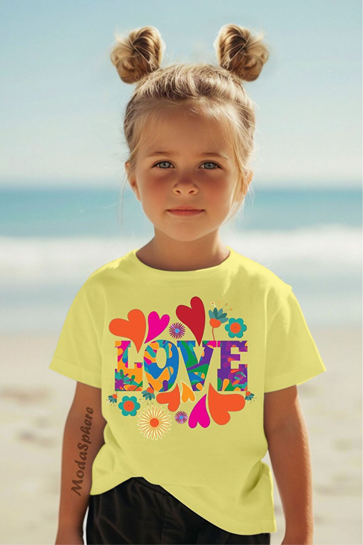 RENKLİ LOVE BASKILI BİSİKLET YAKA KISA KOLLU ÇOCUK TİŞÖRT