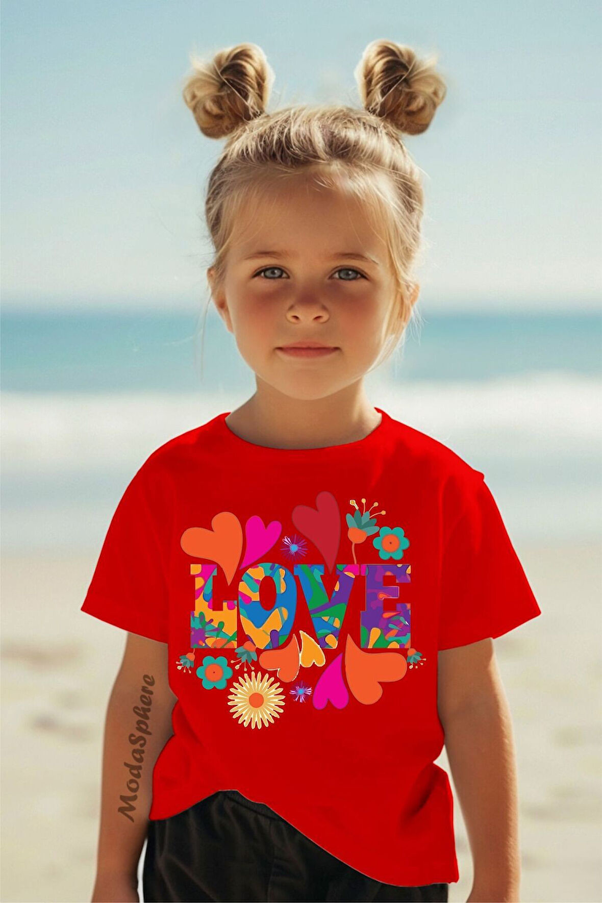 RENKLİ LOVE BASKILI BİSİKLET YAKA KISA KOLLU ÇOCUK TİŞÖRT
