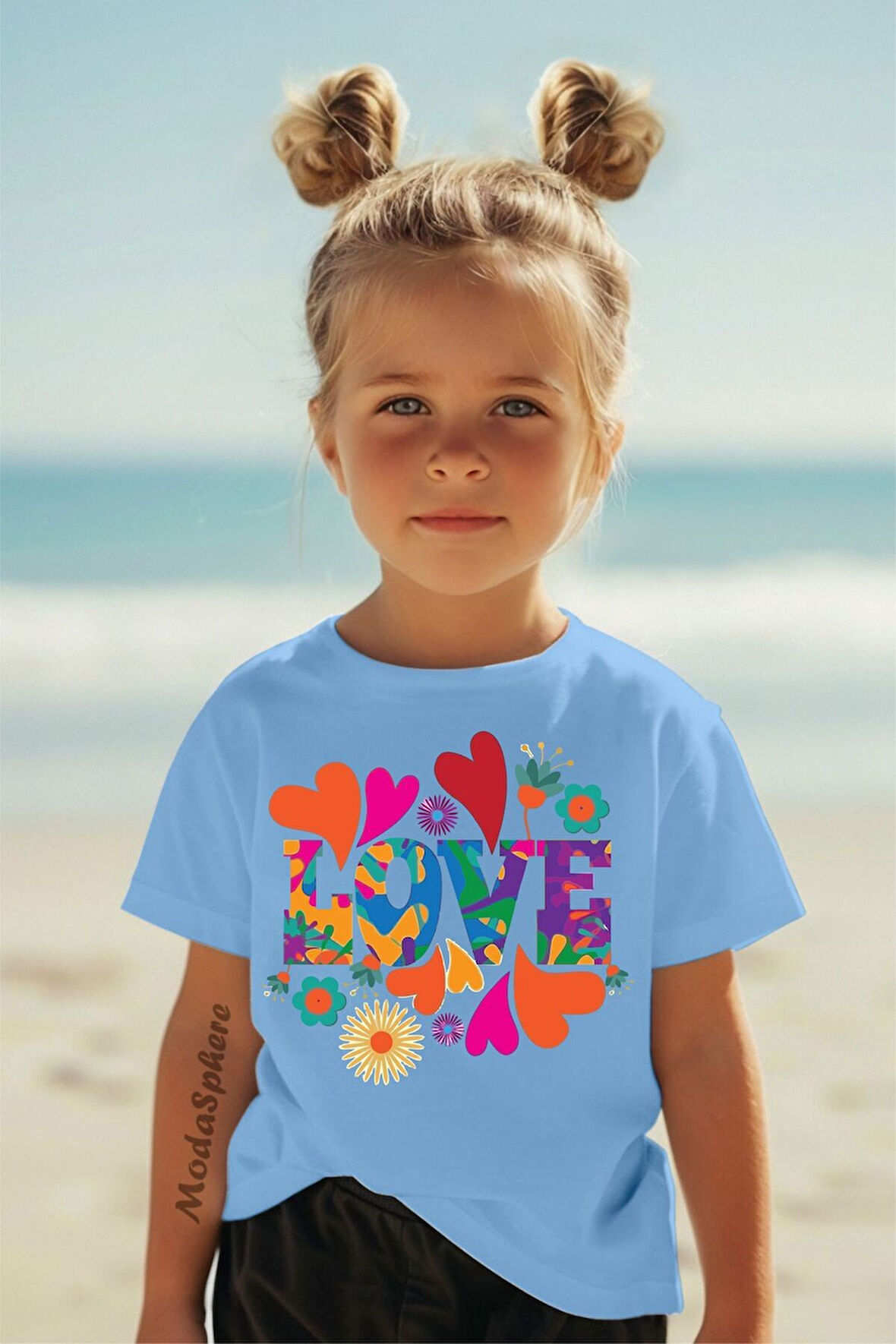RENKLİ LOVE BASKILI BİSİKLET YAKA KISA KOLLU ÇOCUK TİŞÖRT