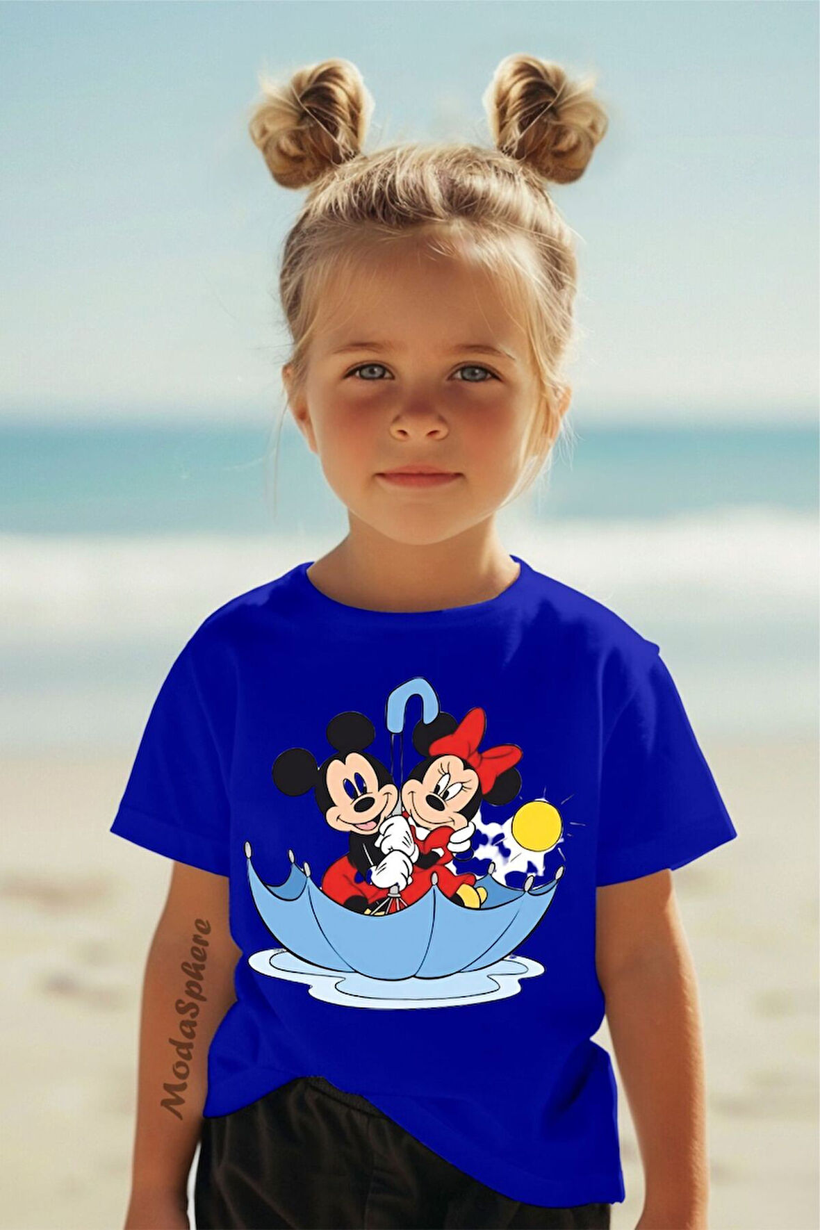 Şemsiyeli Mickey and Minnie Mouse Baskılı Kısa Kollu Çocuk tişört