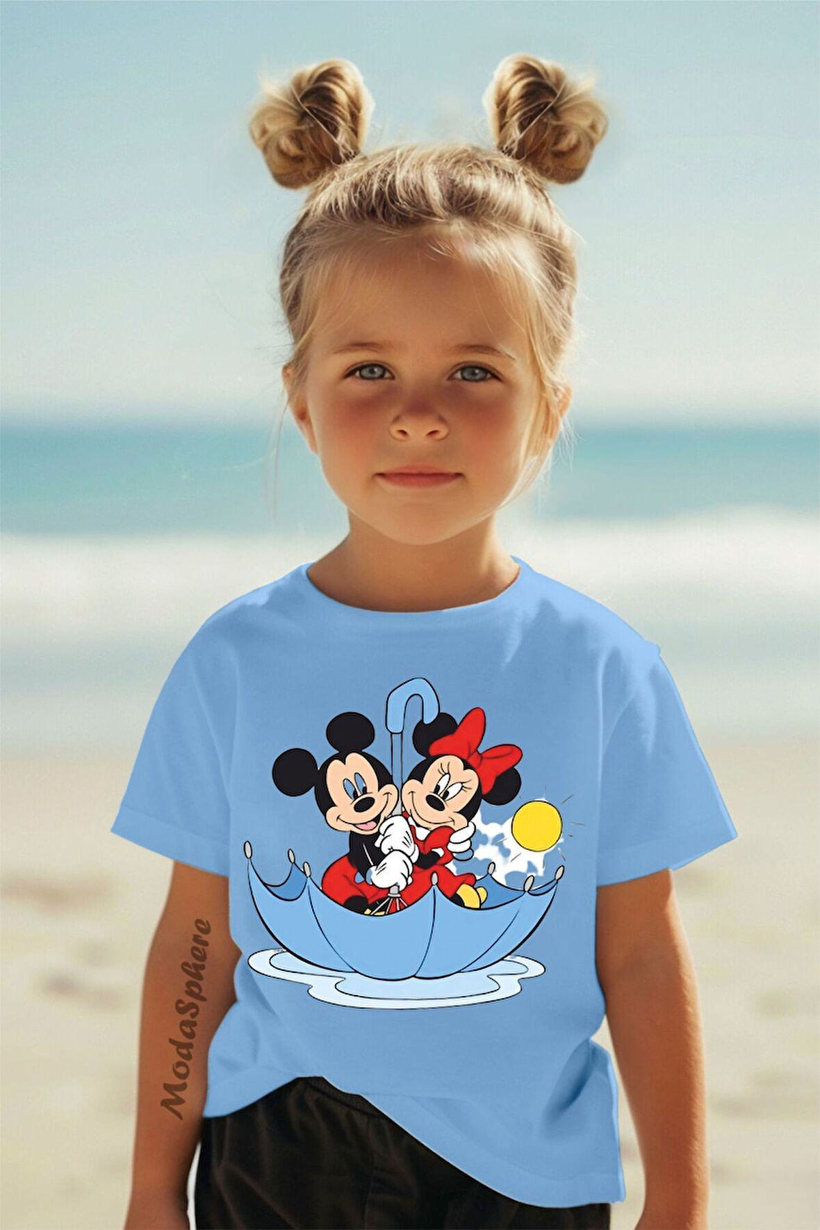 Şemsiyeli Mickey and Minnie Mouse Baskılı Kısa Kollu Çocuk tişört