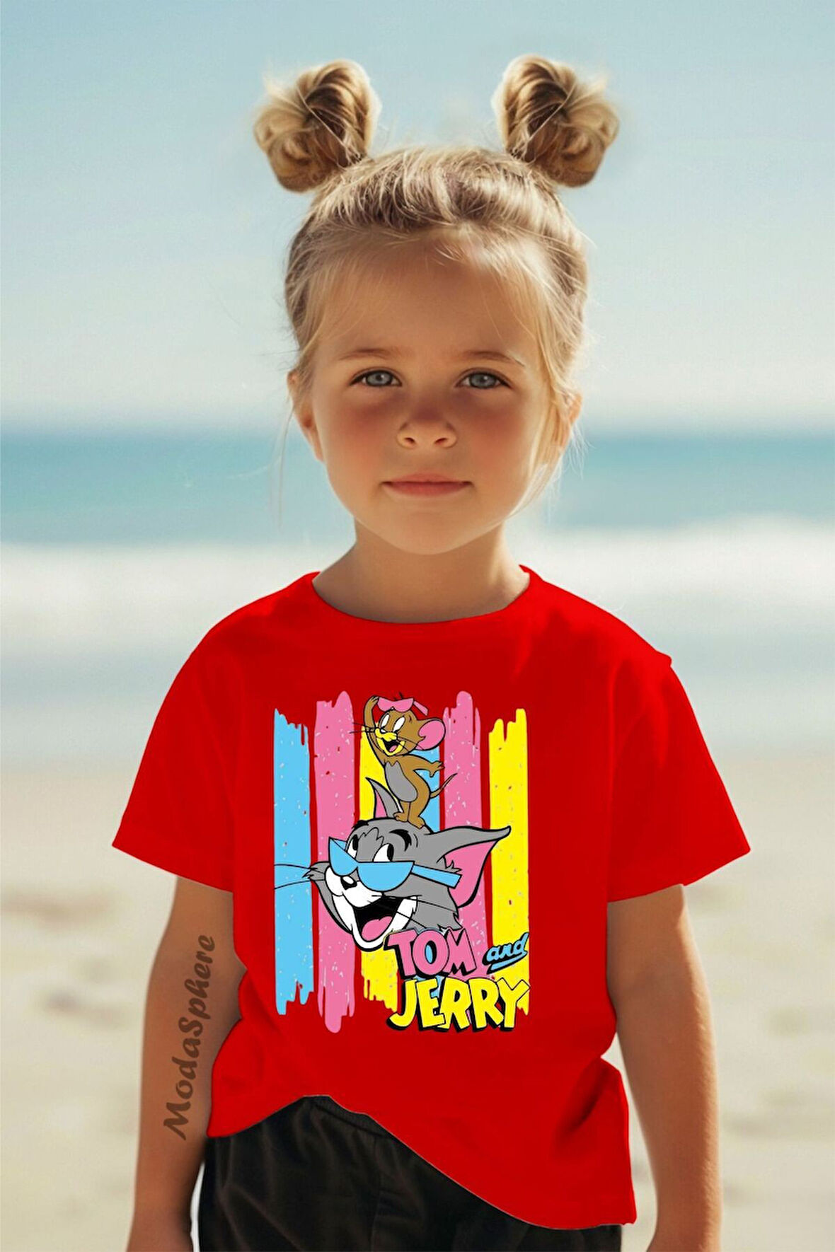 RENKLİ BASKILI TOM & JERRY BİSİKLET YAKA KISA KOLLU ÇOCUK TİŞÖRT