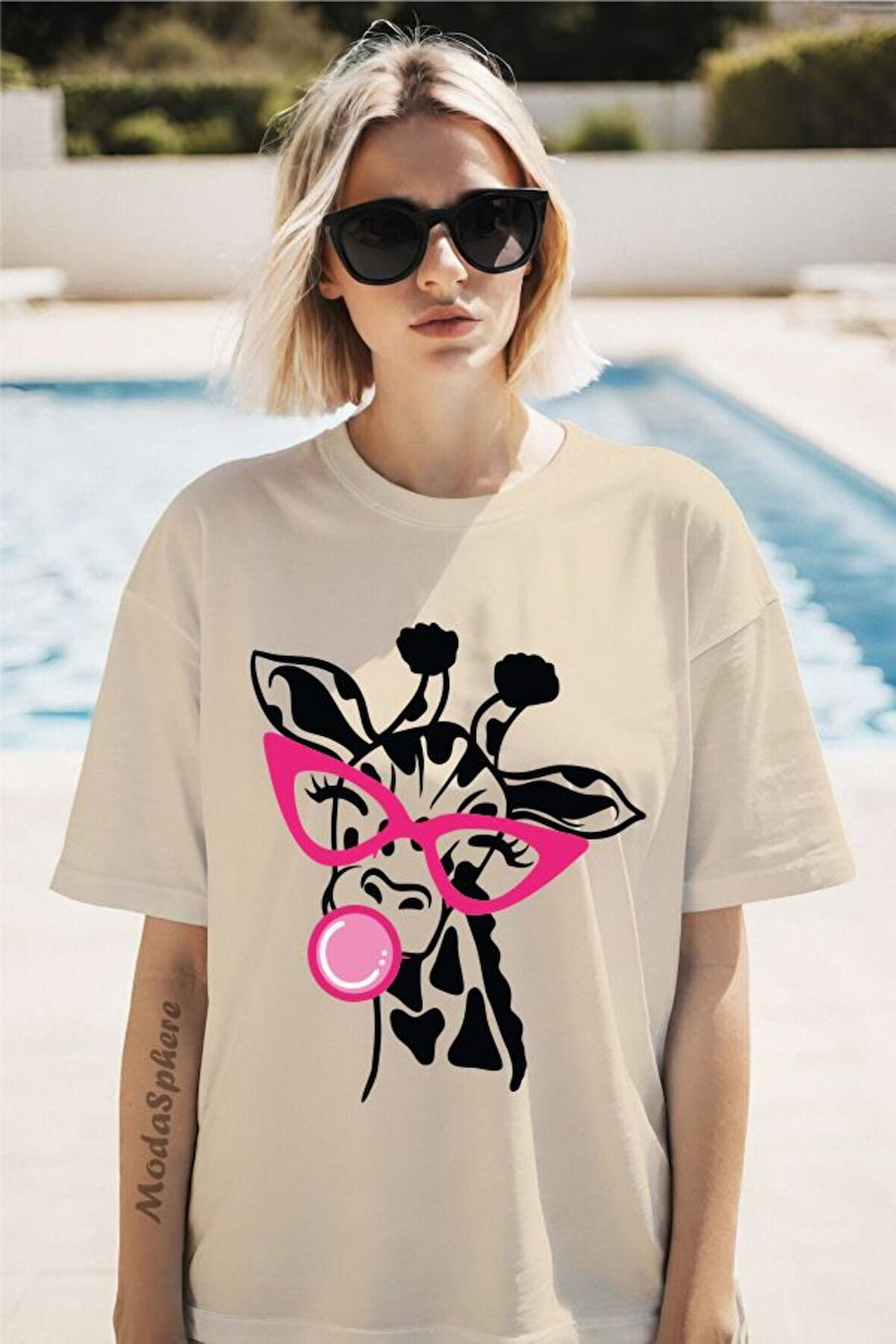 Zürafa Baskılı Unisex Oversize Tişört