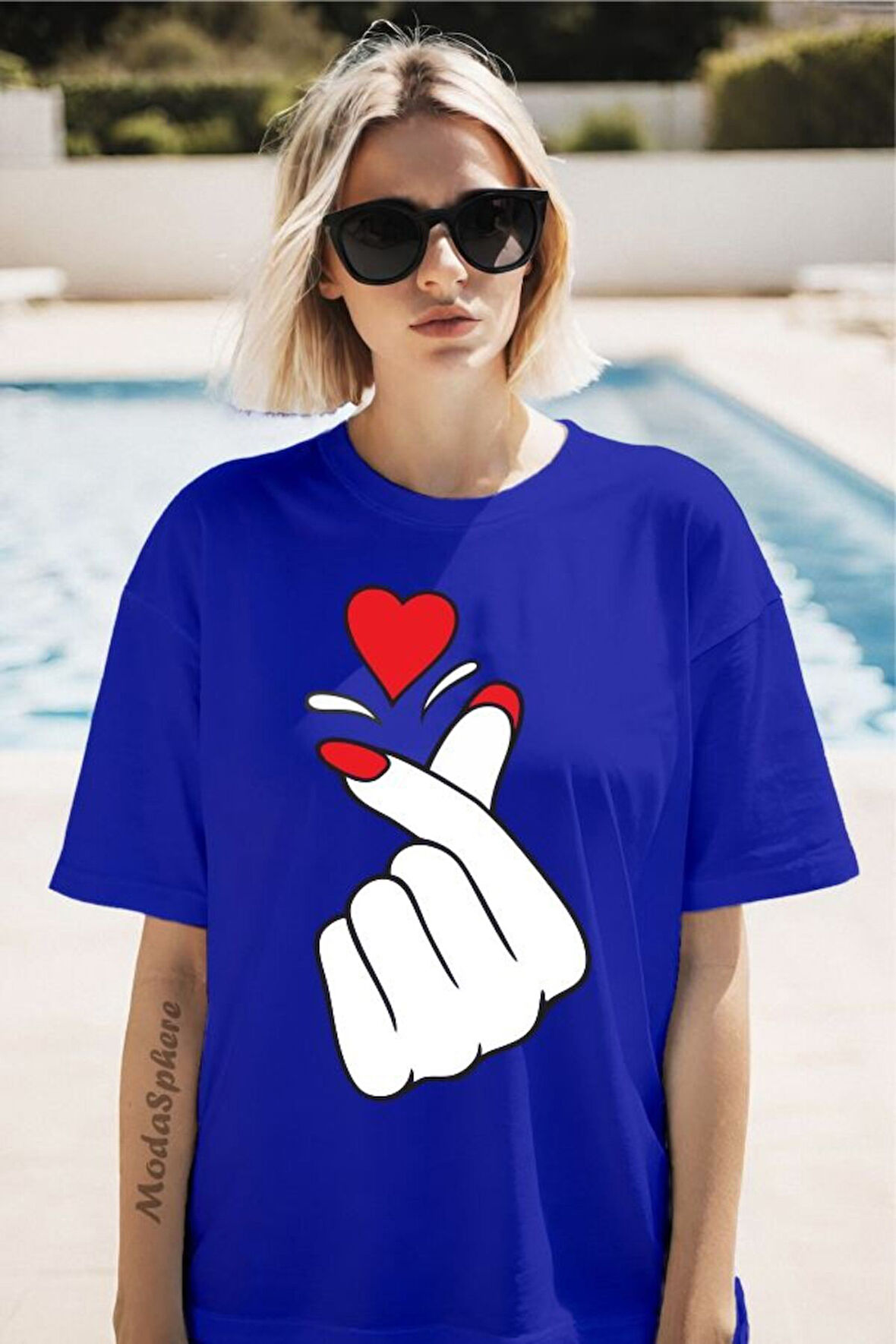 Parmak Kalp Baskılı Unisex Oversize Tişört