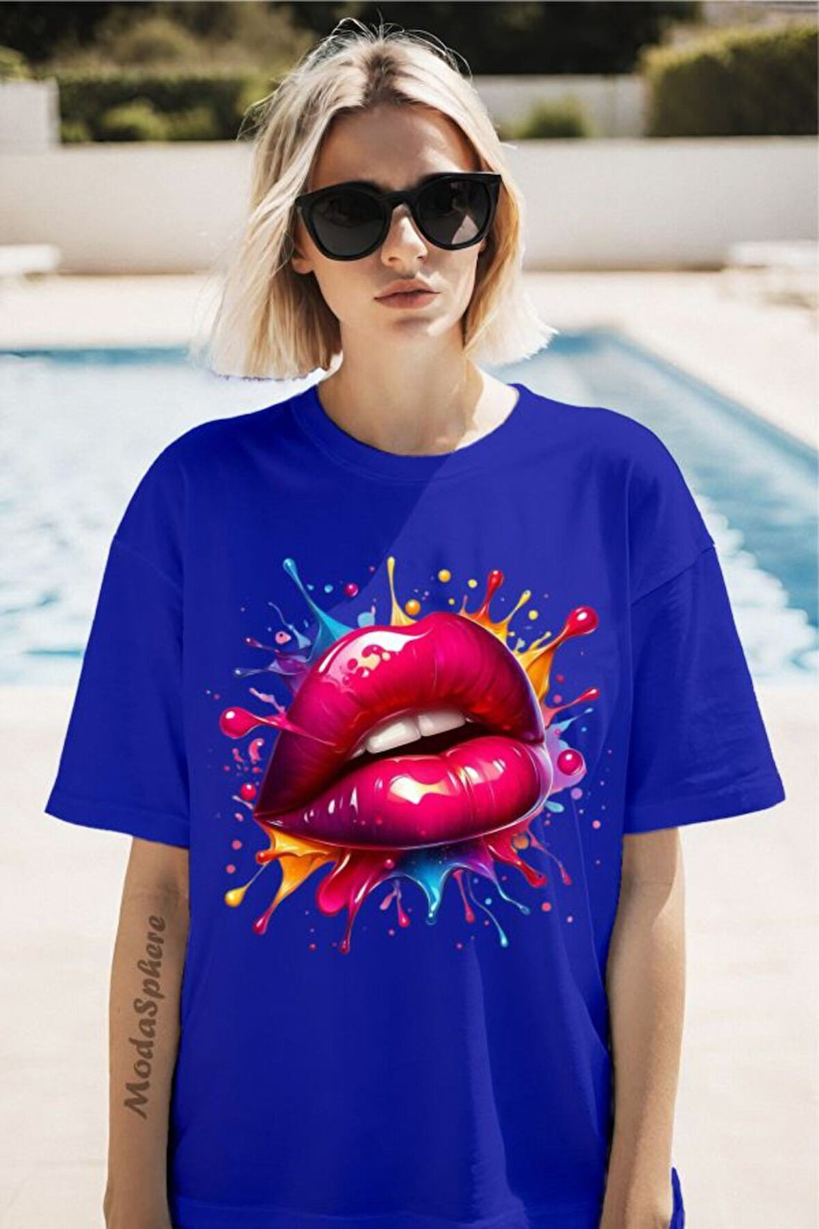 Renkli Dudak Baskılı Unisex Oversize Tişört