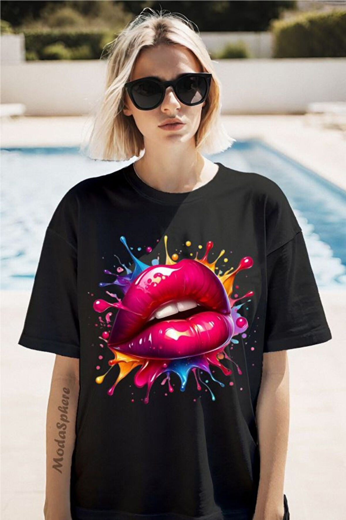 Renkli Dudak Baskılı Unisex Oversize Tişört