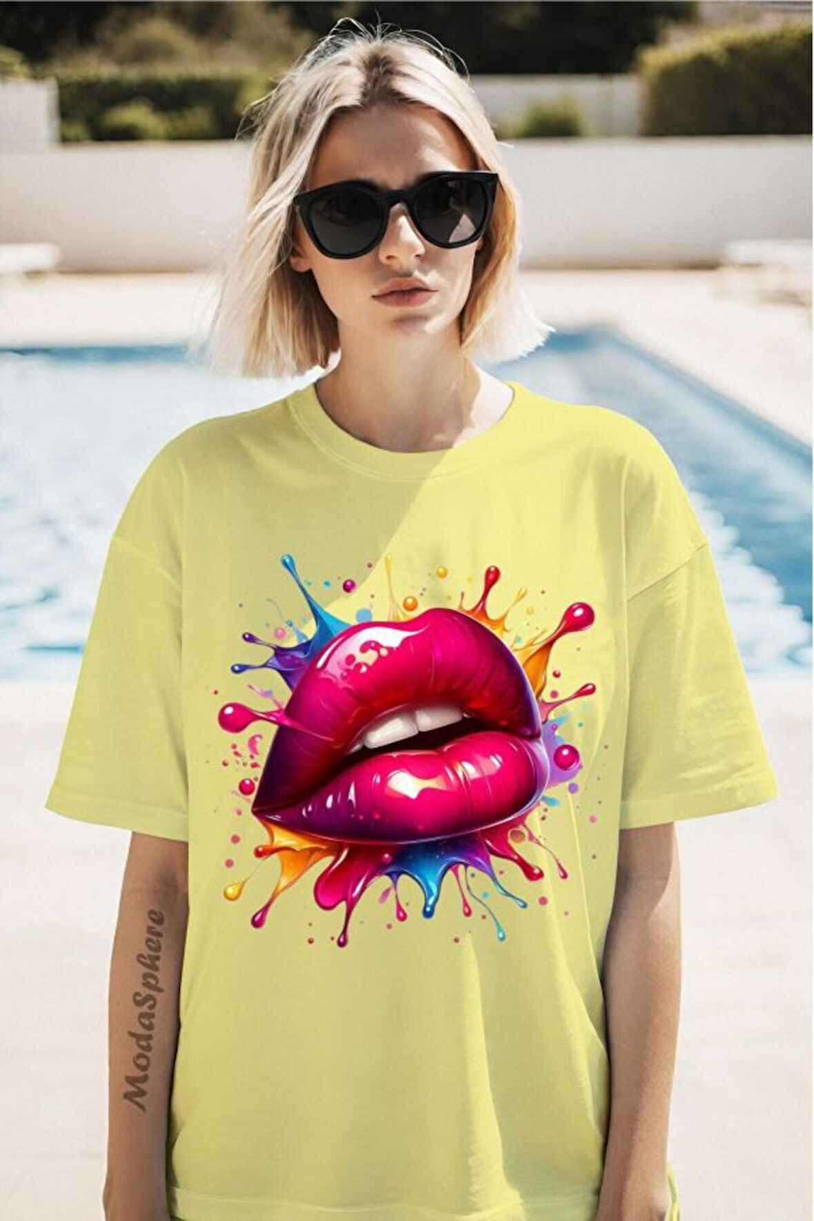 Renkli Dudak Baskılı Unisex Oversize Tişört