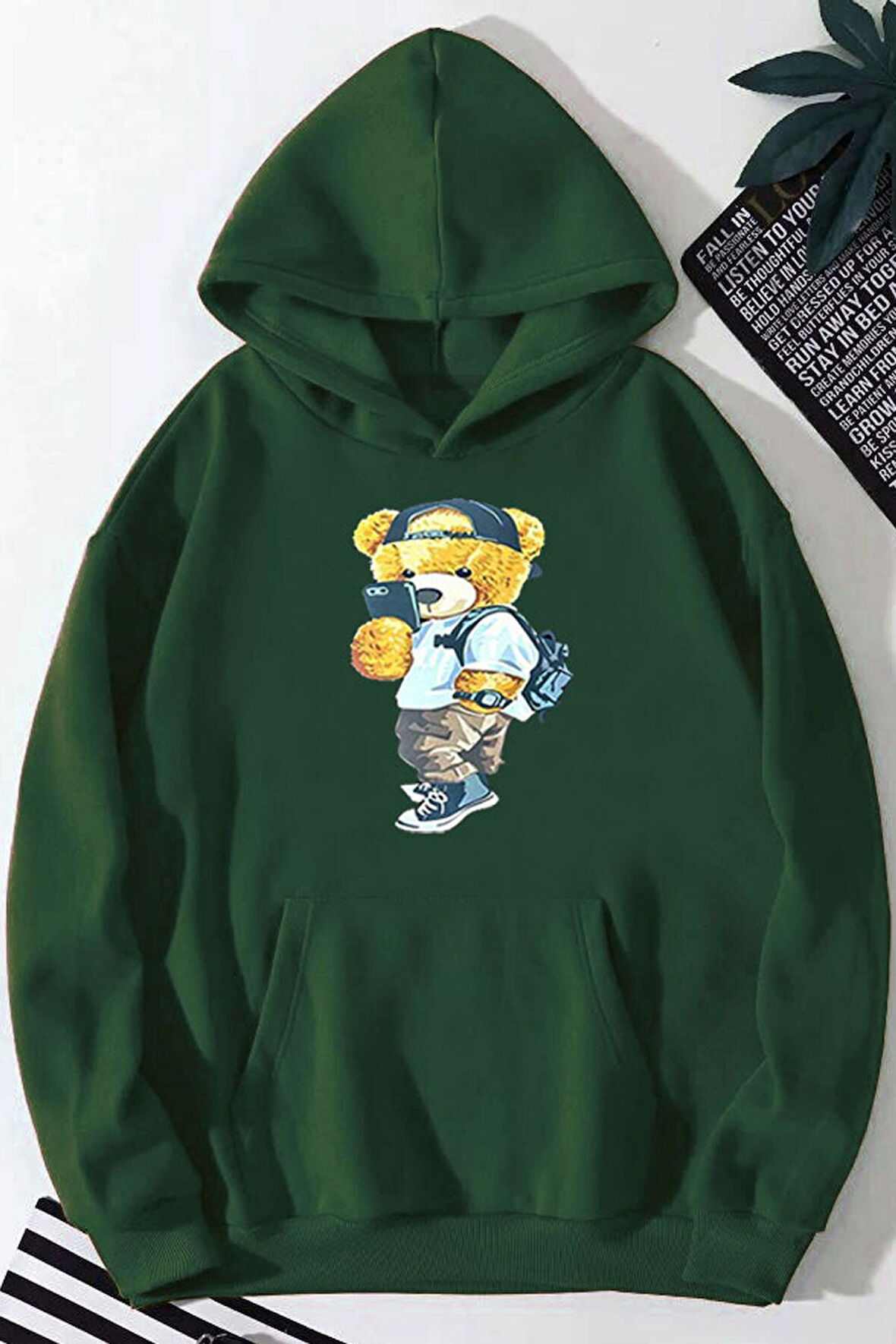 Peluş Ayı Baskılı Kapüşonlu Sweatshirt