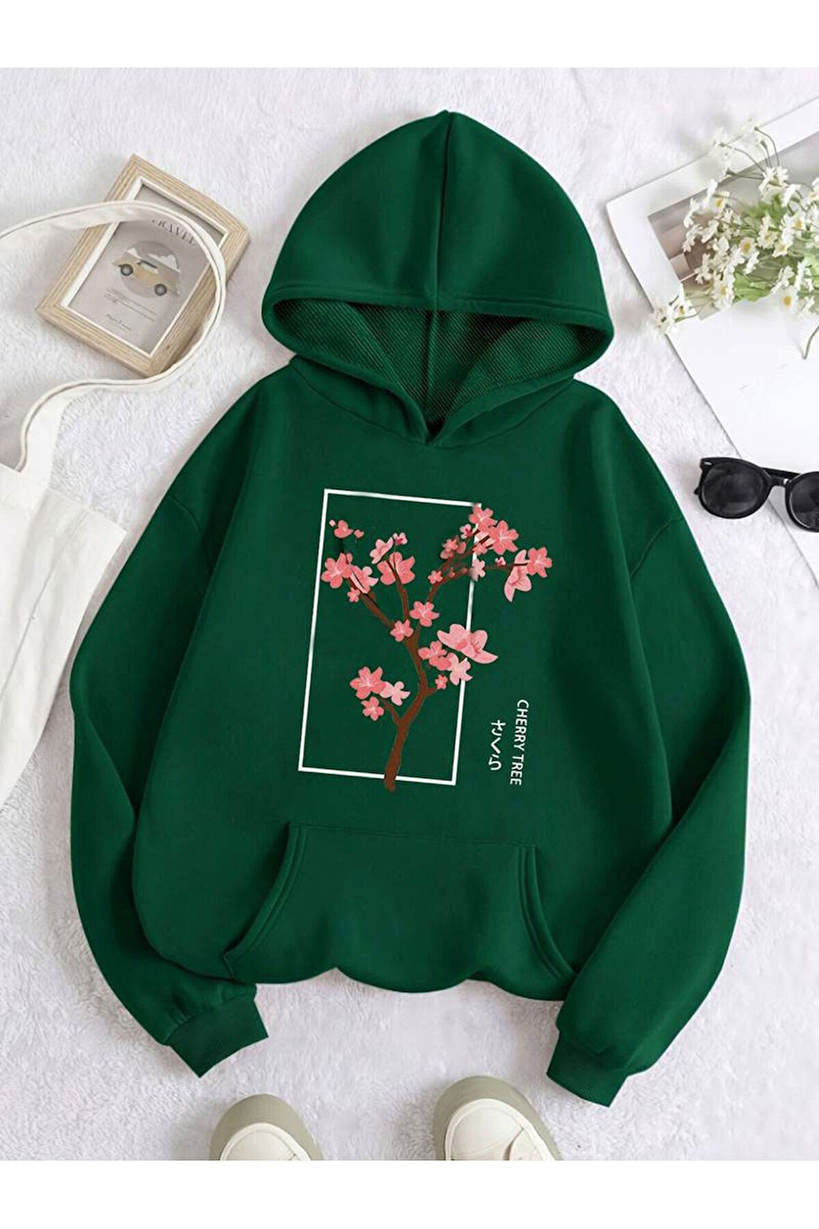 Cherry Baskılı Kapüşonlu Sweatshirt