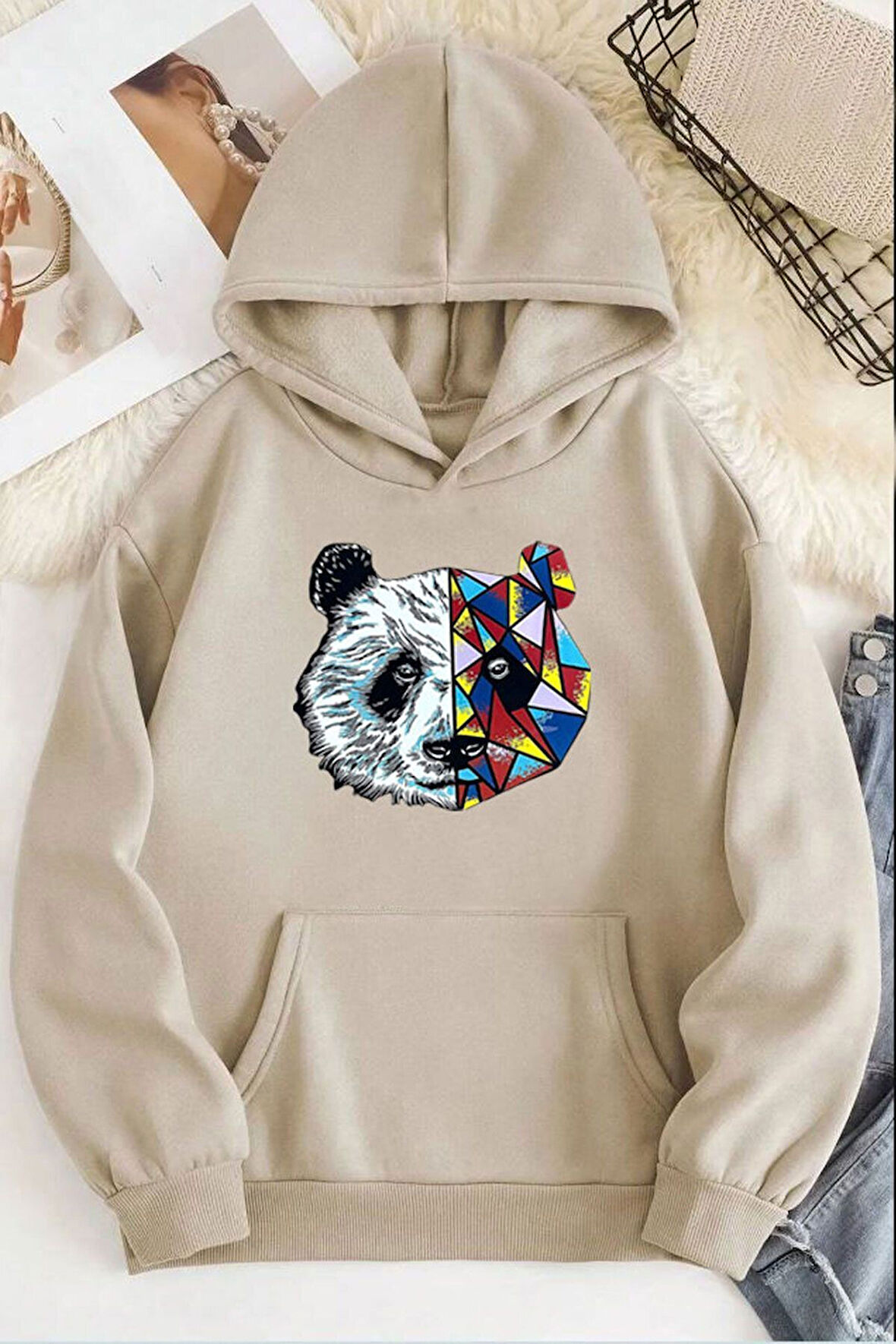 Panda Baskılı Kapüşonlu Sweatshirt