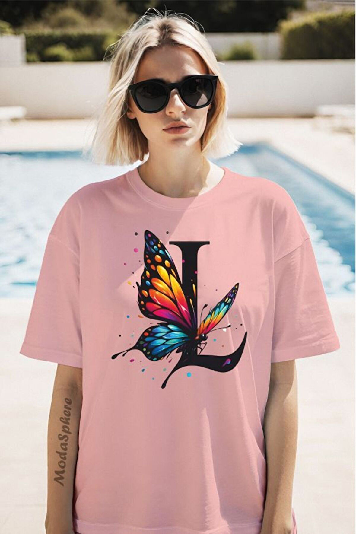 Kelebek L Baskılı Unisex Oversize Tişört