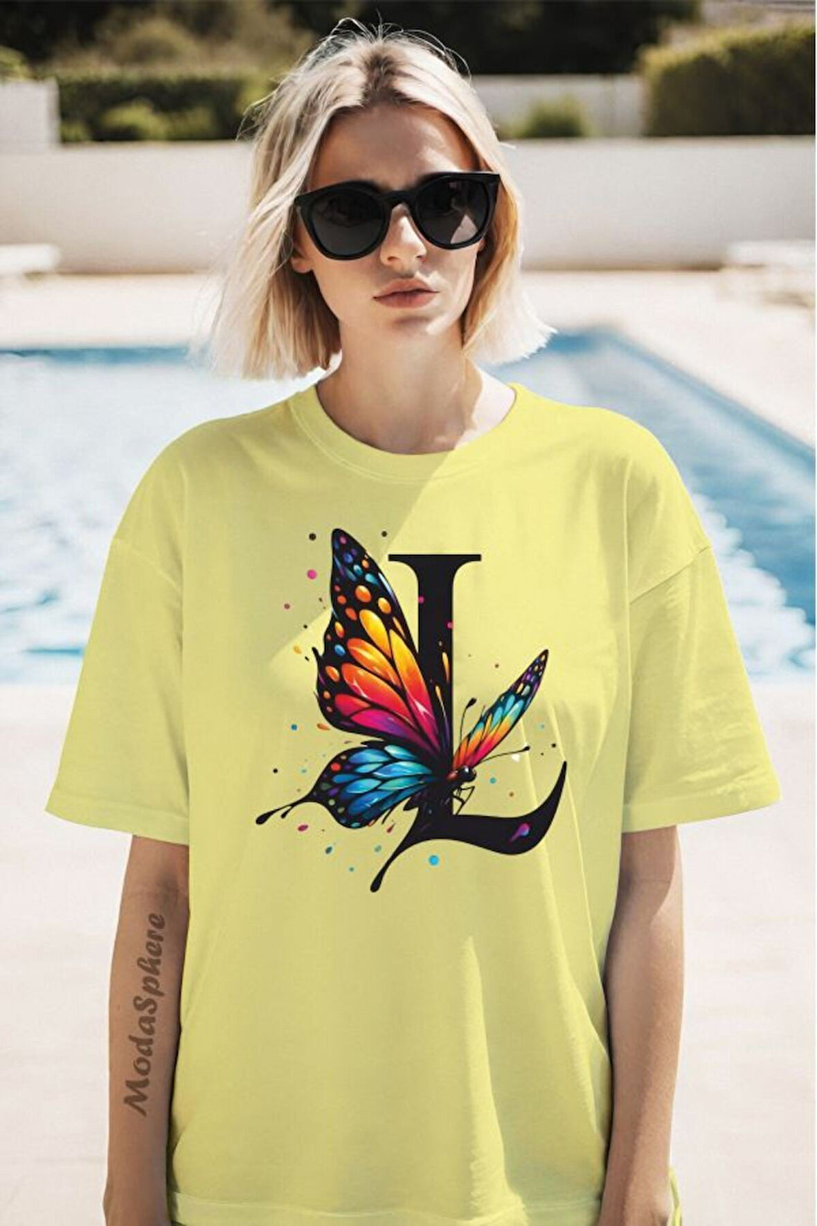 Kelebek L Baskılı Unisex Oversize Tişört