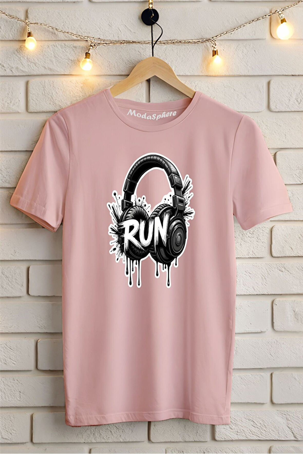 Run Kulaklık Baskılı Unisex Oversize Tişört