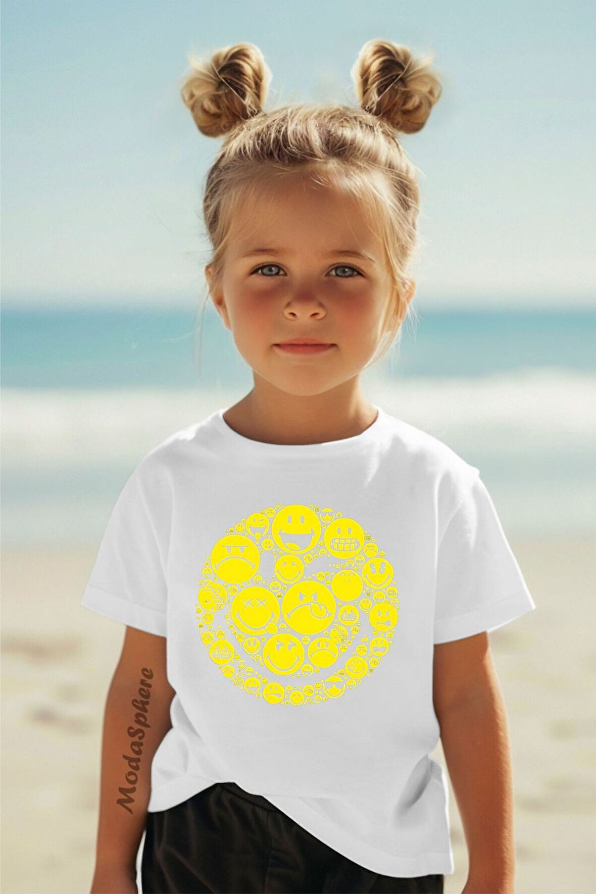 EMOJİ BASKILI BİSİKLET YAKA KISA KOLLU ÇOCUK TİŞÖRT