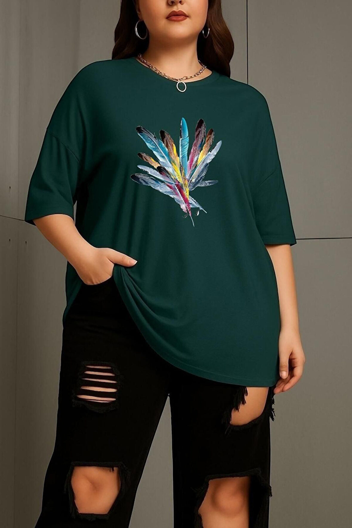 Büyük Beden Renkli Kuş Tüyü Baskılı Oversize Tişört