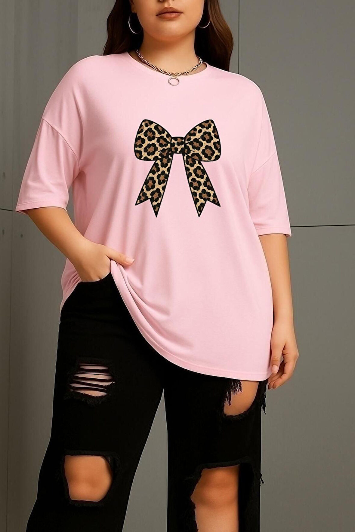 Büyük Beden Leopar Kurdela Baskılı Tişört