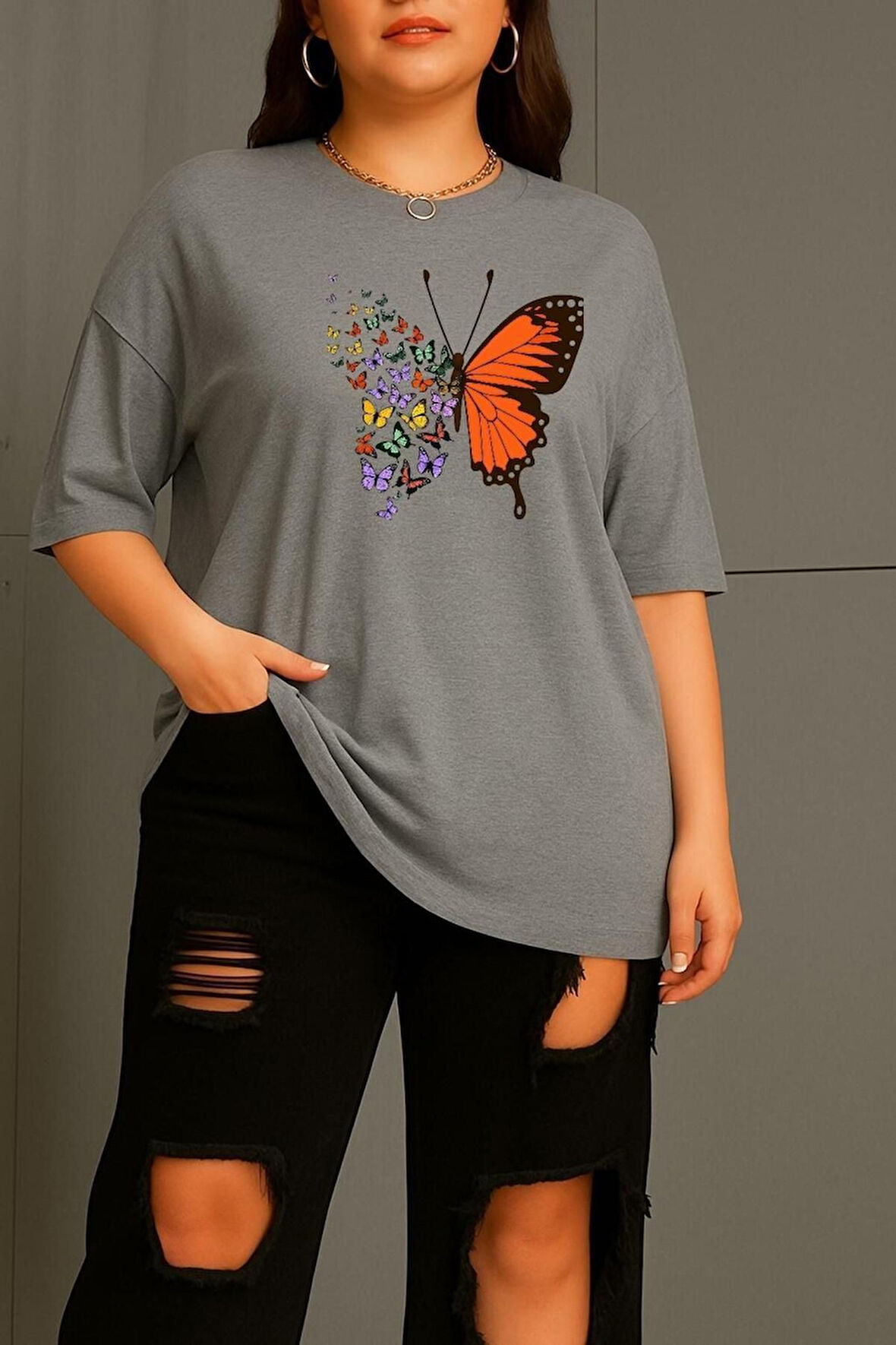 Büyük Beden Kelebek Baskılı Unisex Oversize Tişört