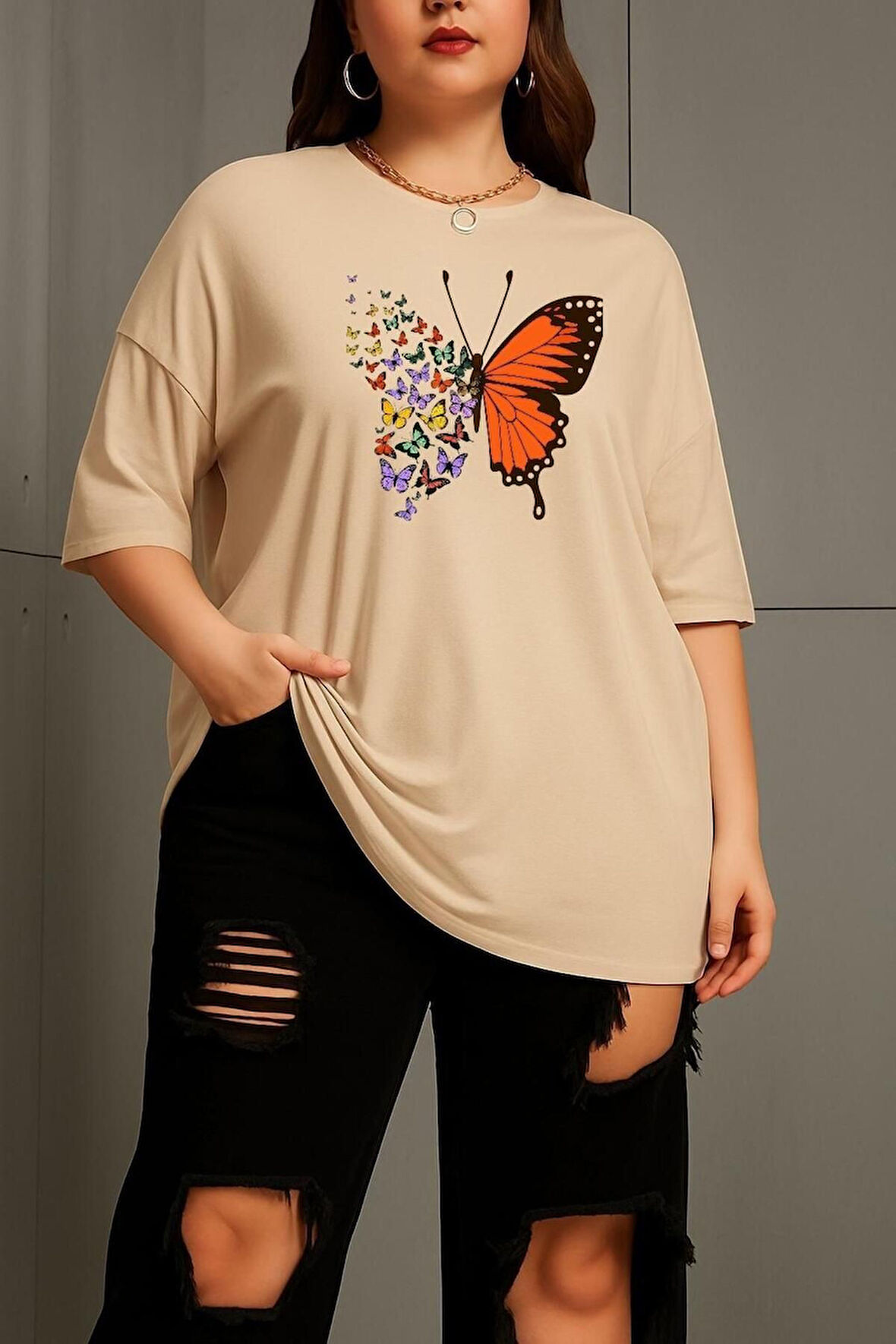 Büyük Beden Kelebek Baskılı Unisex Oversize Tişört