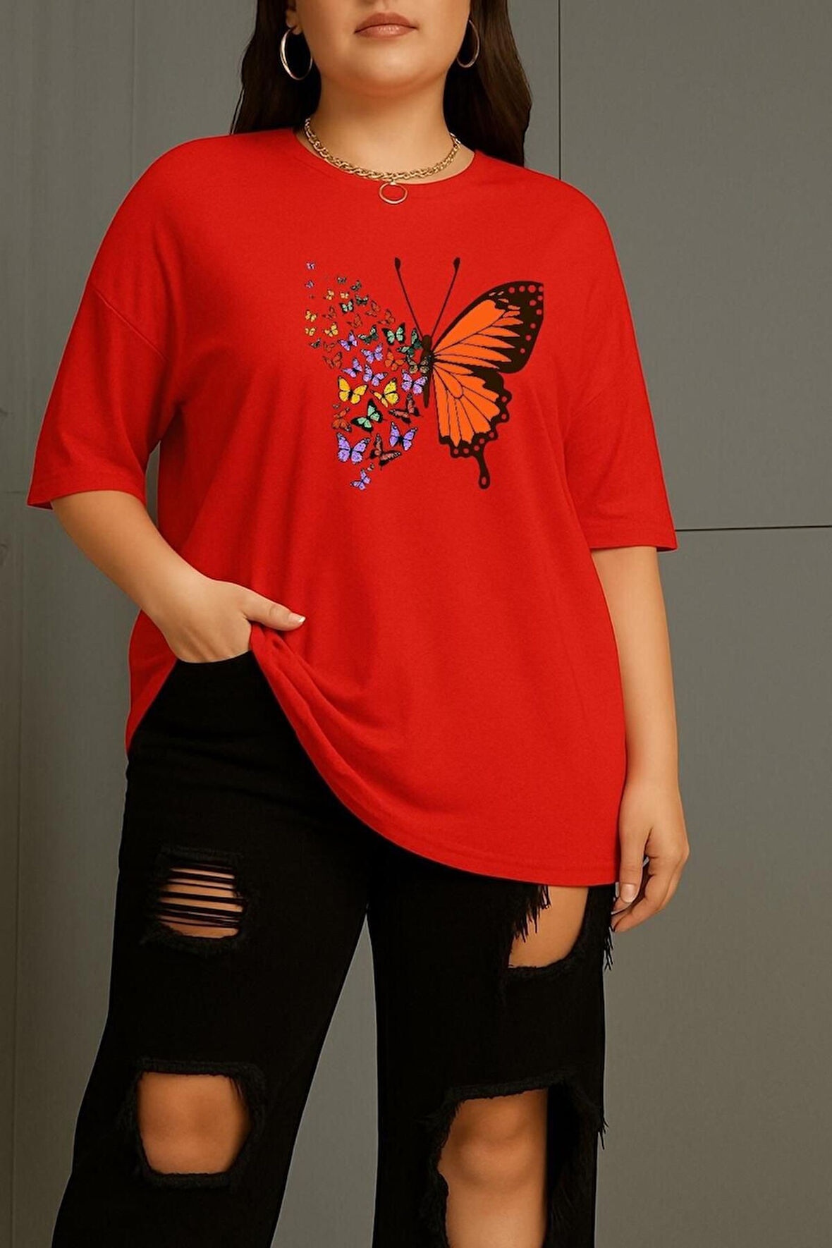 Büyük Beden Kelebek Baskılı Unisex Oversize Tişört