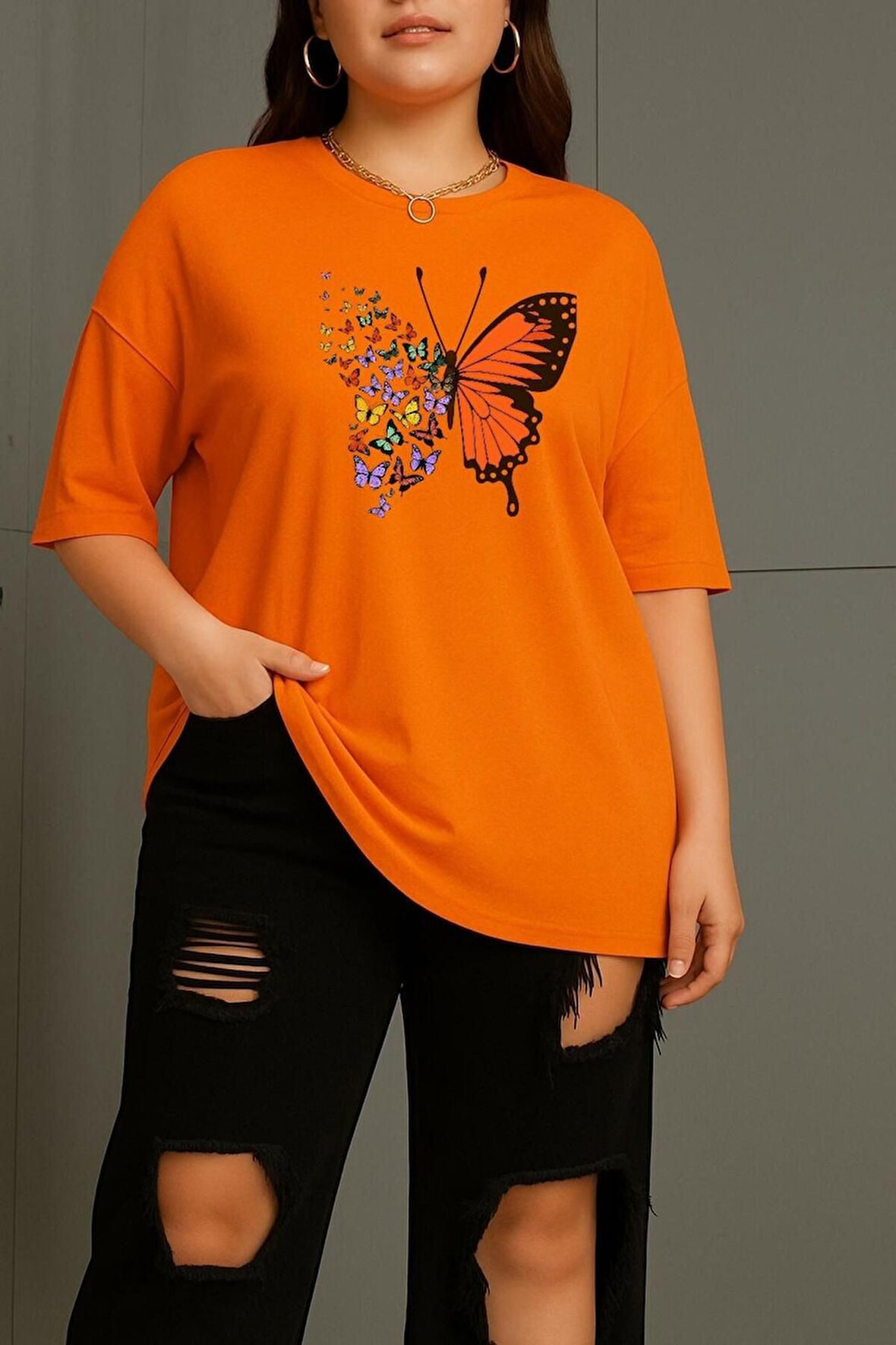 Büyük Beden Kelebek Baskılı Unisex Oversize Tişört