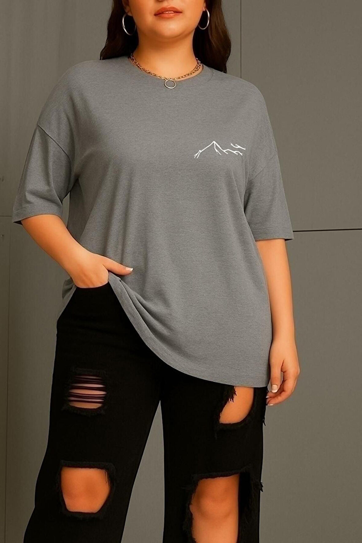 Büyük Beden Dağ Baskılı Unisex Oversize Tişört