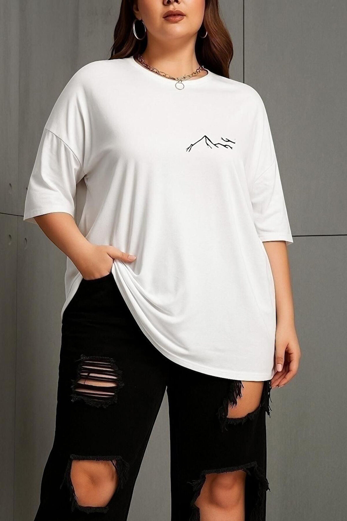 Büyük Beden Dağ Baskılı Unisex Oversize Tişört