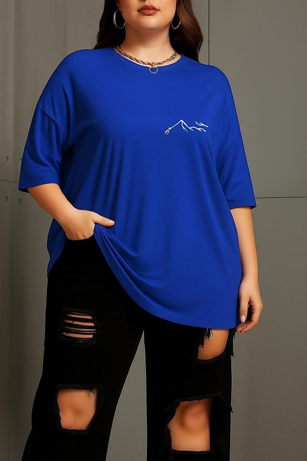 Büyük Beden Dağ Baskılı Unisex Oversize Tişört