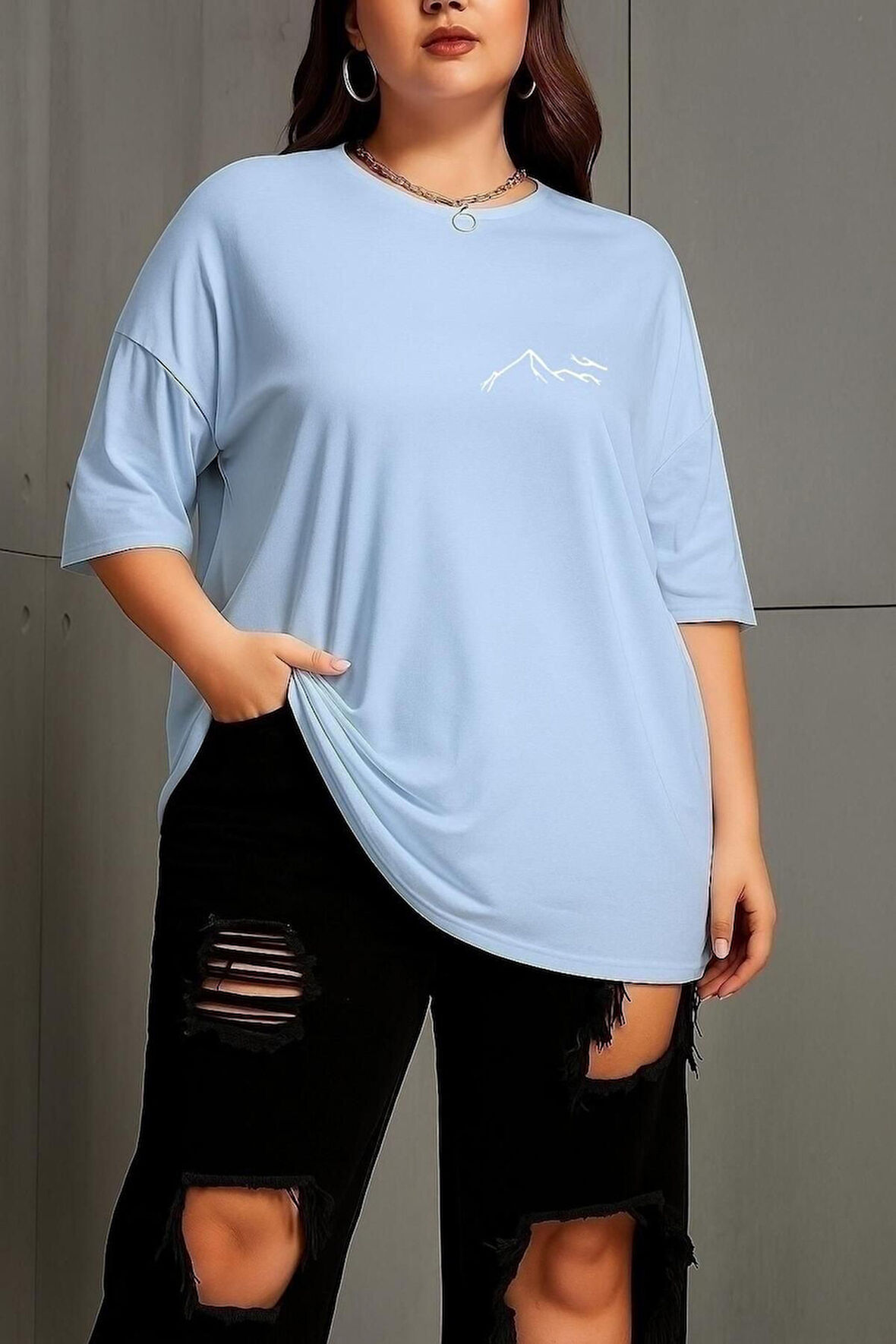 Büyük Beden Dağ Baskılı Unisex Oversize Tişört