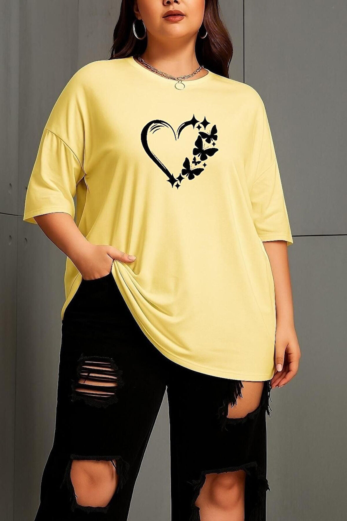 Büyük Beden Kalpli Kelebek Baskılı Unisex Oversize Tişört