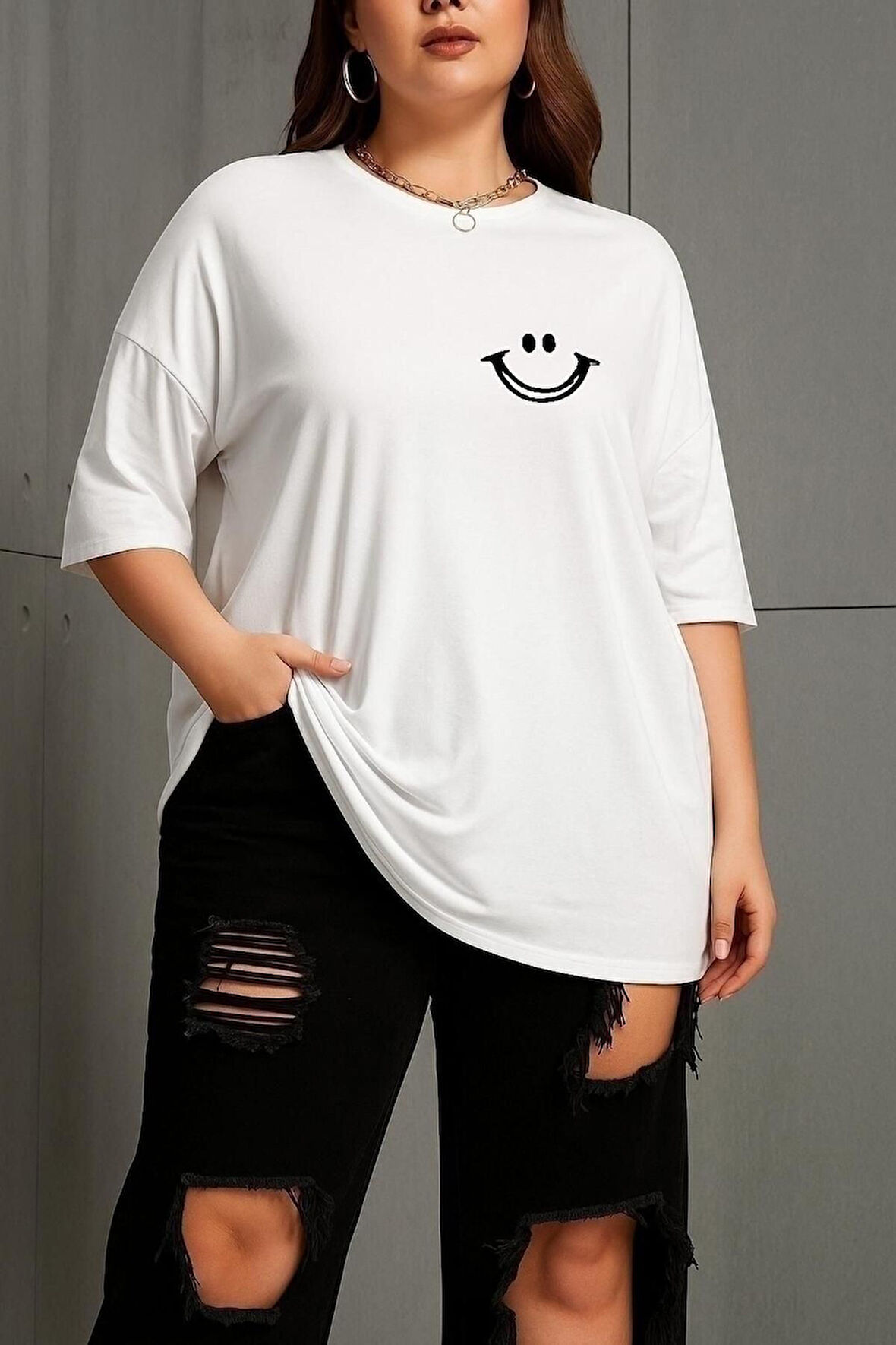 Büyük Beden Gülücük Baskılı Unisex Oversize Tişört