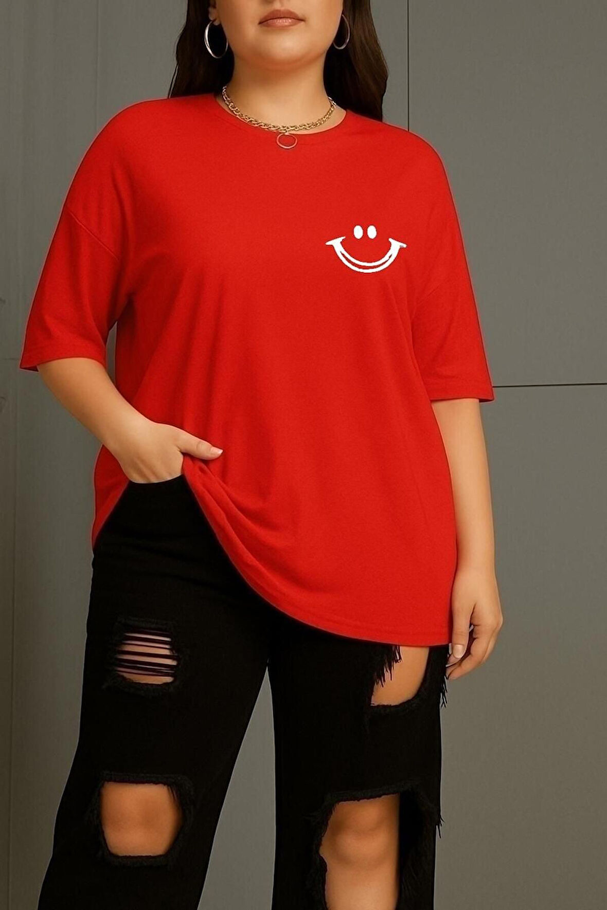 Büyük Beden Gülücük Baskılı Unisex Oversize Tişört